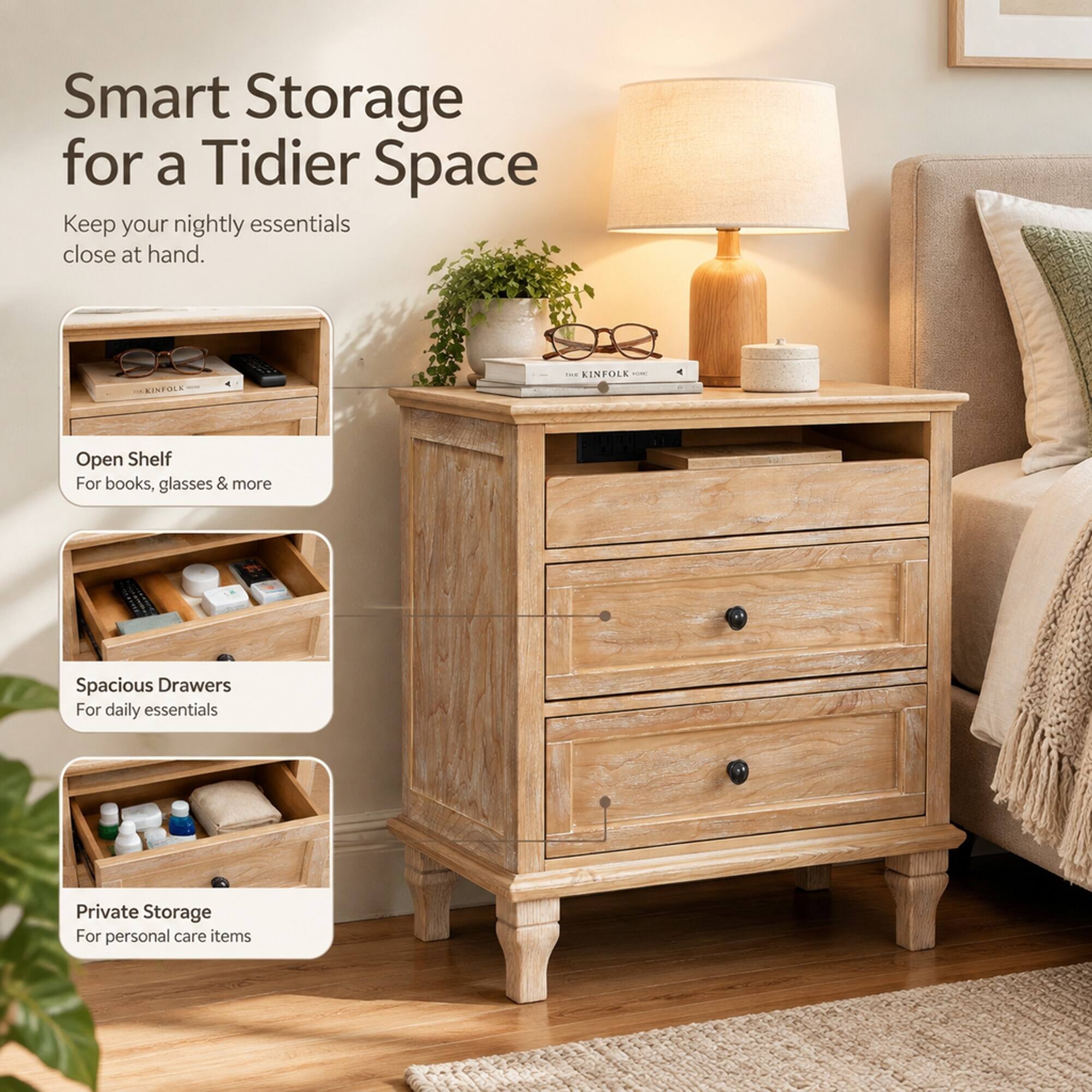 Smart Storage for a Tidier Space  
Keep your nightly essentials close at hand.

KINFOLK

- Open Shelf  
  For books, glasses & more

- Spacious Drawers  
  For daily essentials

- Private Storage  
  For personal care items