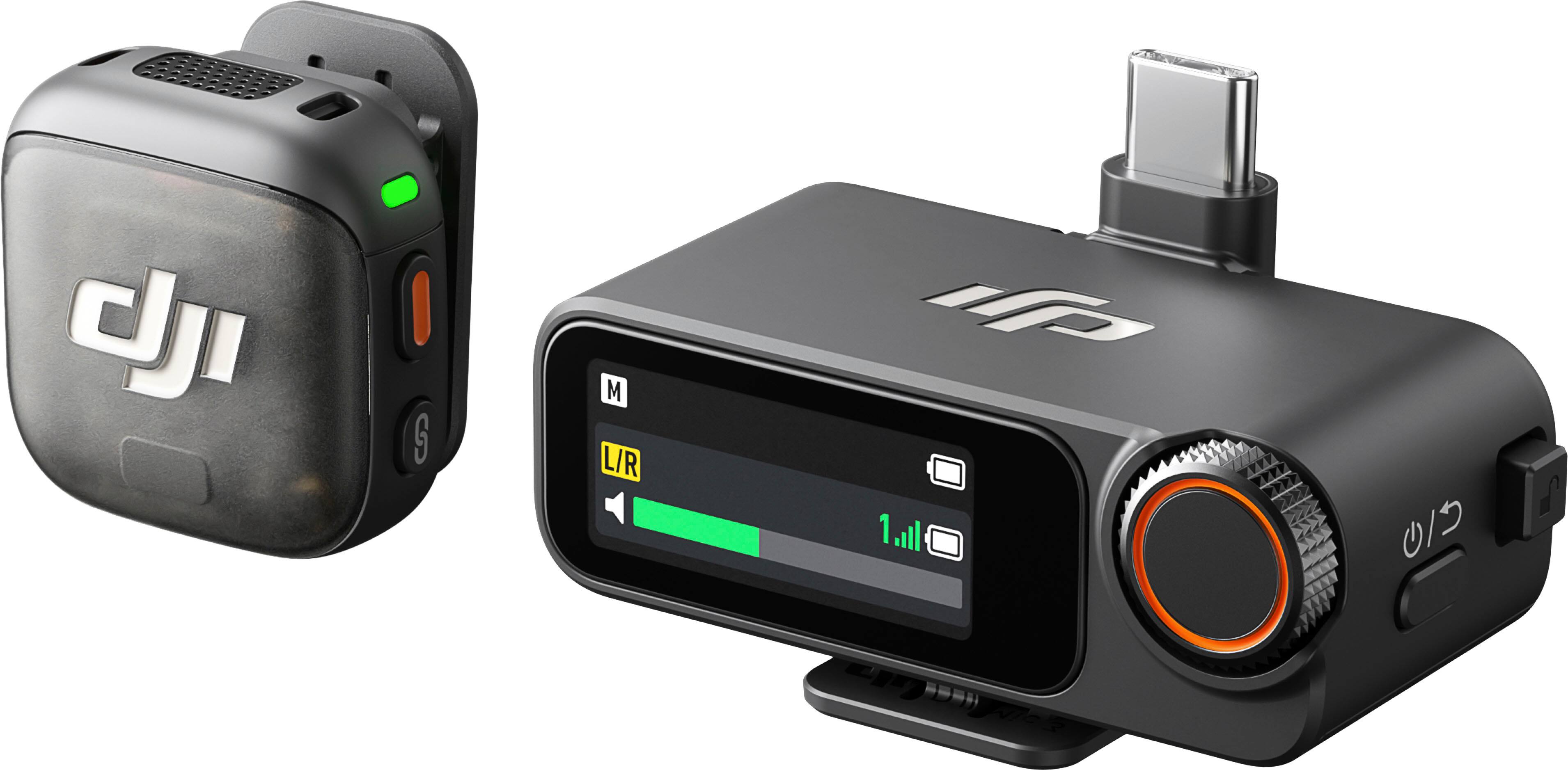 The text on the image is:

- On the left device: "dji"
- On the right device: "M" and "L/R" with a battery icon showing 1.11