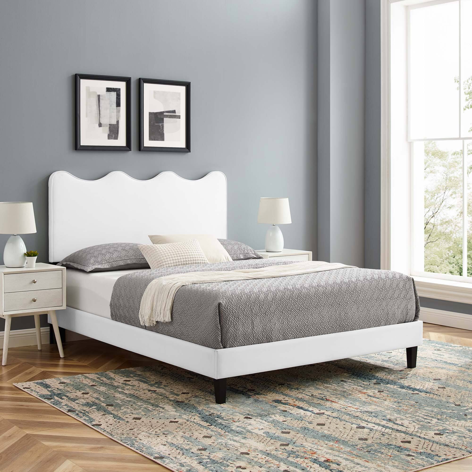 Alt View 5. Modway - Laura Vinyl Queen Platform Bed with Round Splayed Legs - White.