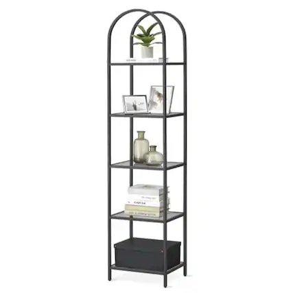 Front. Hivvago - Arched Top Black Metal Display Rack Narrow Bookcase with 5 Glass Storage Shelves - Black.