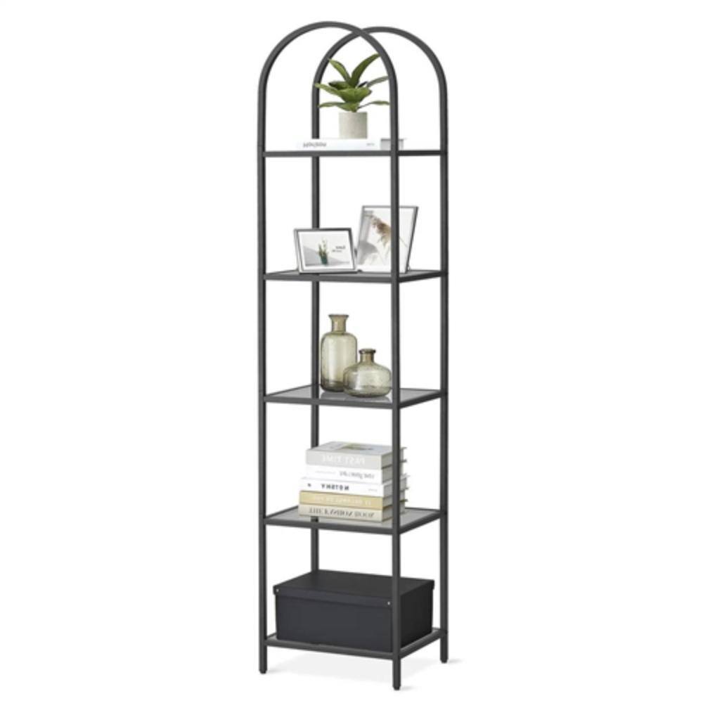 Front. Hivvago - Arched Top Black Metal Display Rack Narrow Bookcase with 5 Glass Storage Shelves - Black.