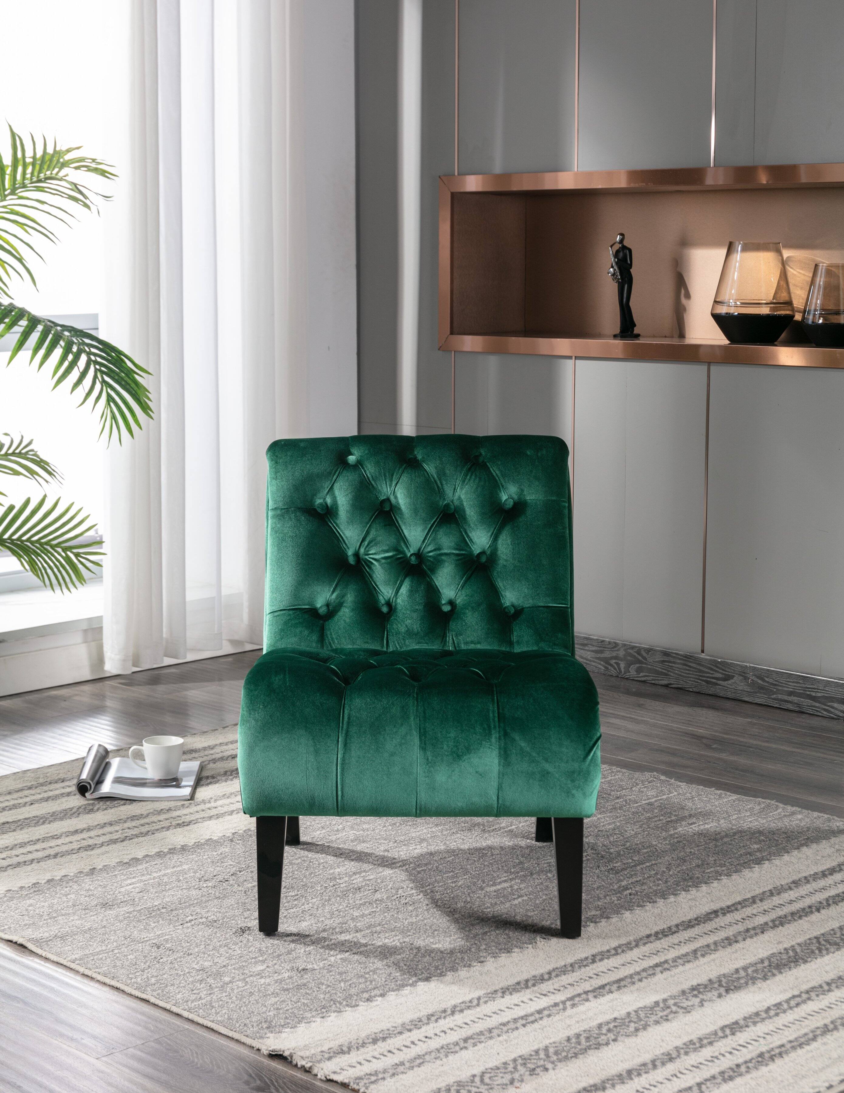 Left. Trinkets Crazed - Velvet Accent Lounge Chair for Living Room, Modern Leisure Chair with Tufted Backrest, Indoor Armless Side Chair - Green.