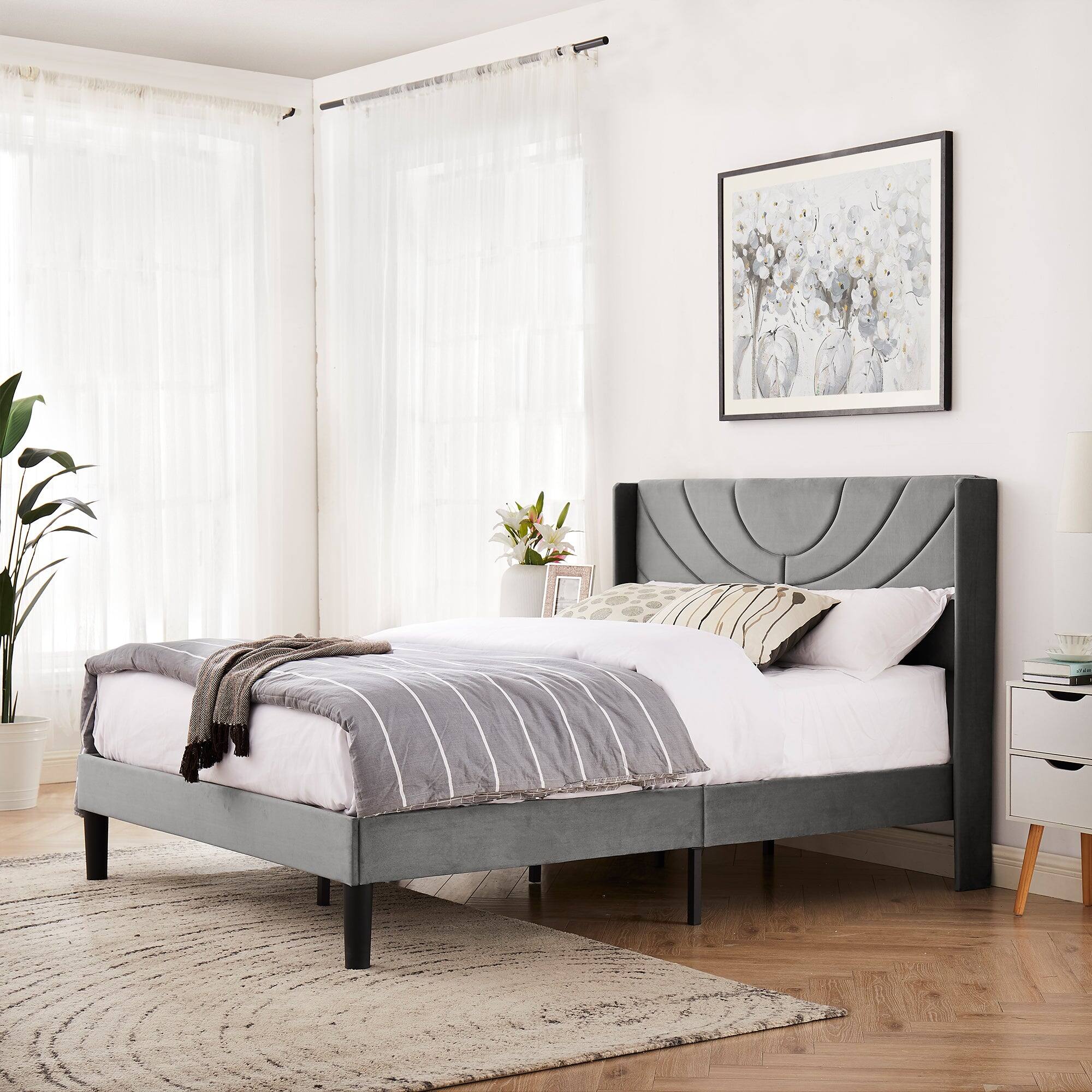 Alt View 1. Vecelo - Upholstered Platform Full Bed Frame with Fabric Headboard,Wooden Slats Support/No Box Spring Needed/Mattress Foundation - Dark Grey.