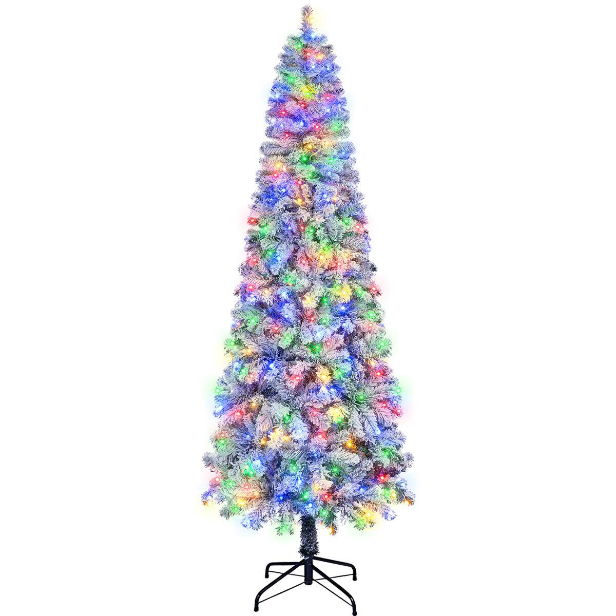 Alt View 4. Wisairt - 9FT Pre-Lit Flocked Pencil Christmas Tree, 976 Tips, 500 LED 11 Modes - Green.