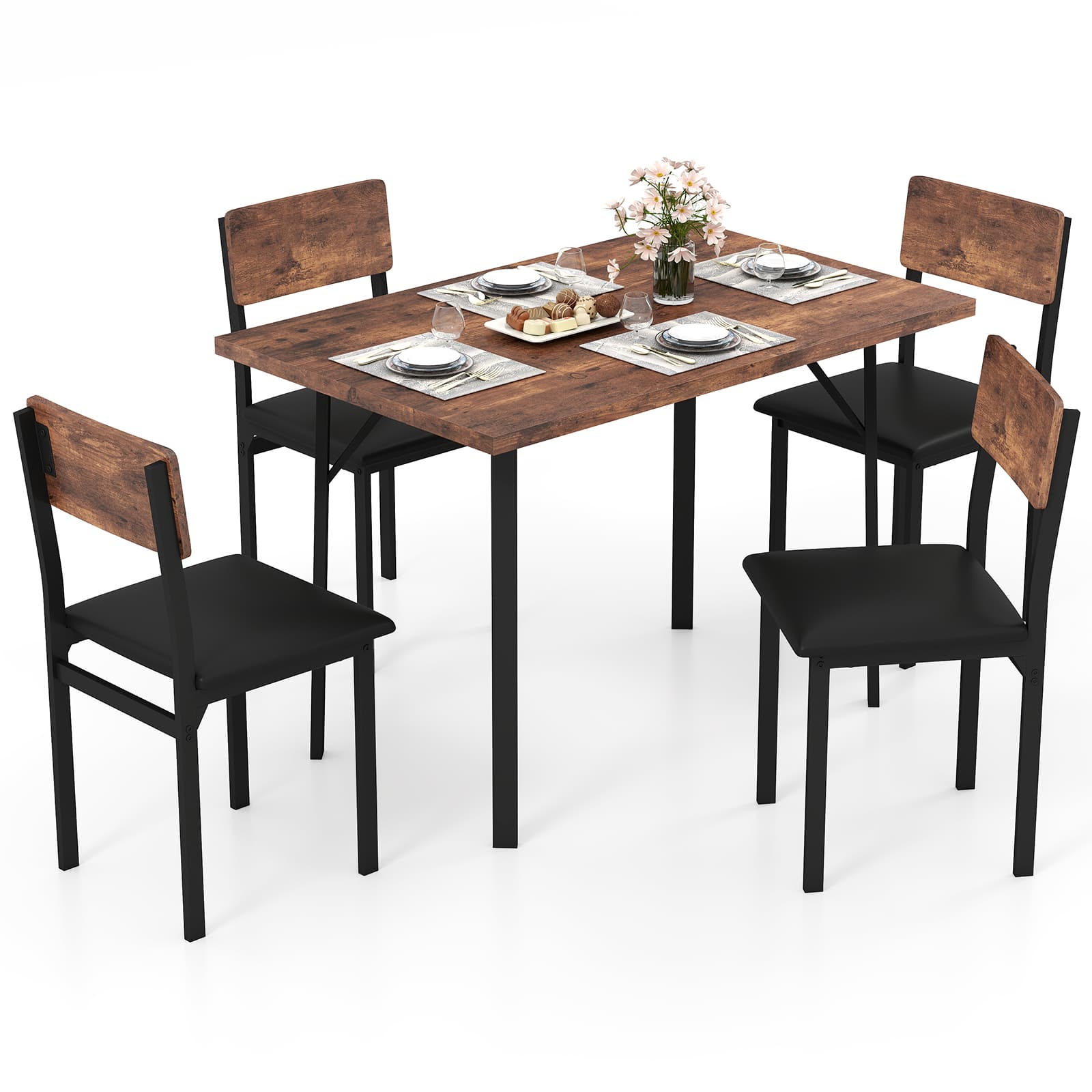 Gymax - 5-Piece Dining Set for 4 47'' Round Kitchen Table 4 Stools w/ Wooden Tabletop - Brown