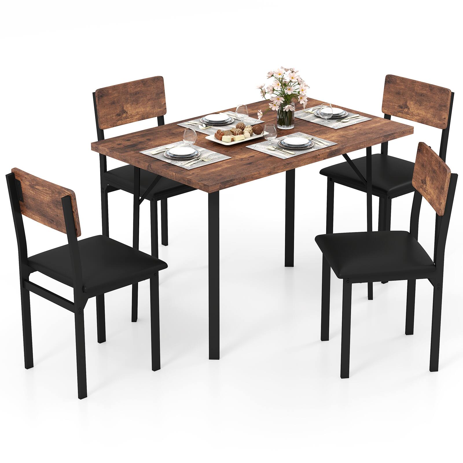 Front. Gymax - Gymax 5-Piece Dining Set for 4 47'' Round Kitchen Table 4 Stools w/ Wooden Tabletop - Brown.
