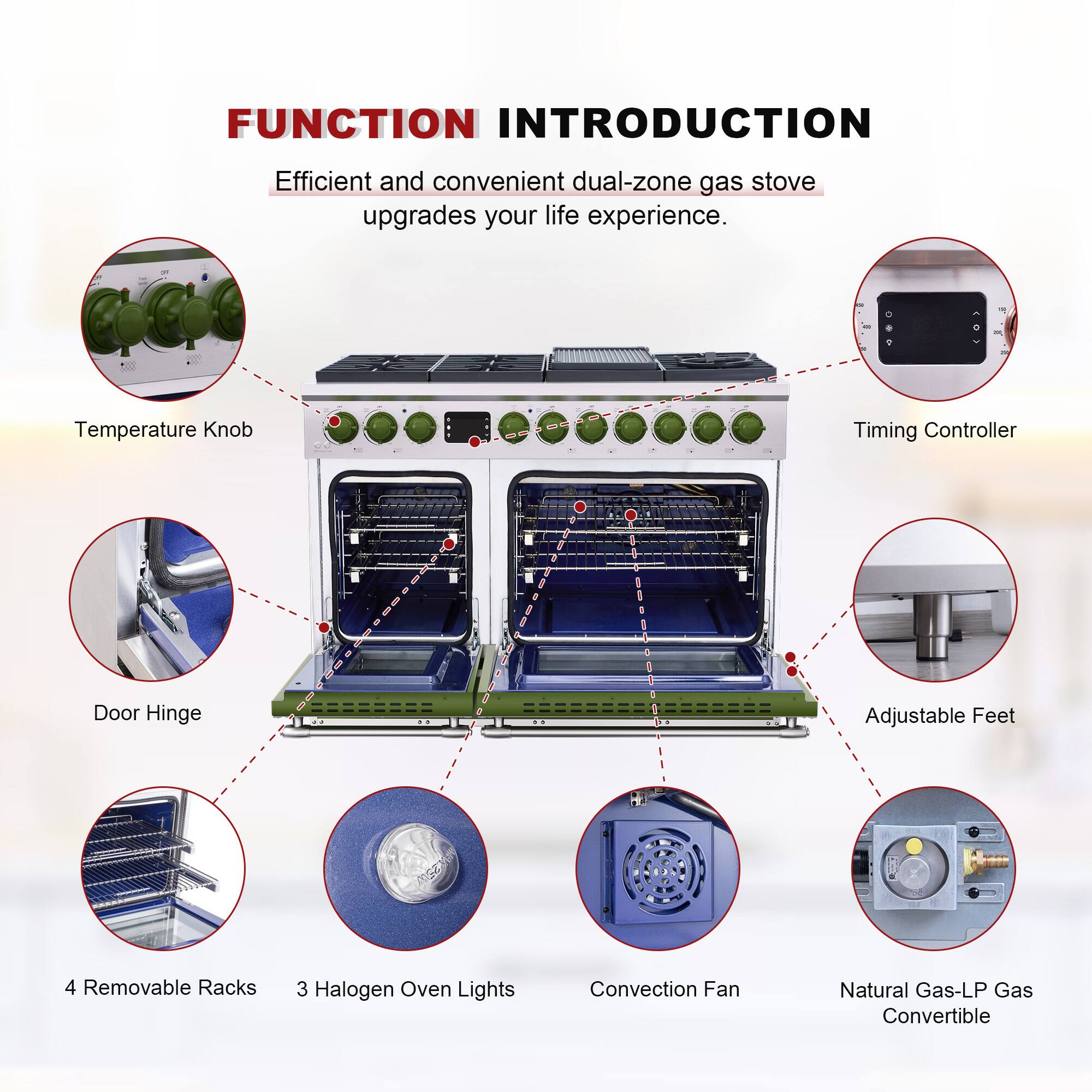 FUNCTION INTRODUCTION  
Efficient and convenient dual-zone gas stove upgrades your life experience.  

- Temperature Knob  
- Timing Controller  
- Door Hinge  
- Adjustable Feet  
- 4 Removable Racks  
- 3 Halogen Oven Lights  
- Convection Fan  
- Natural Gas-LP Gas Convertible