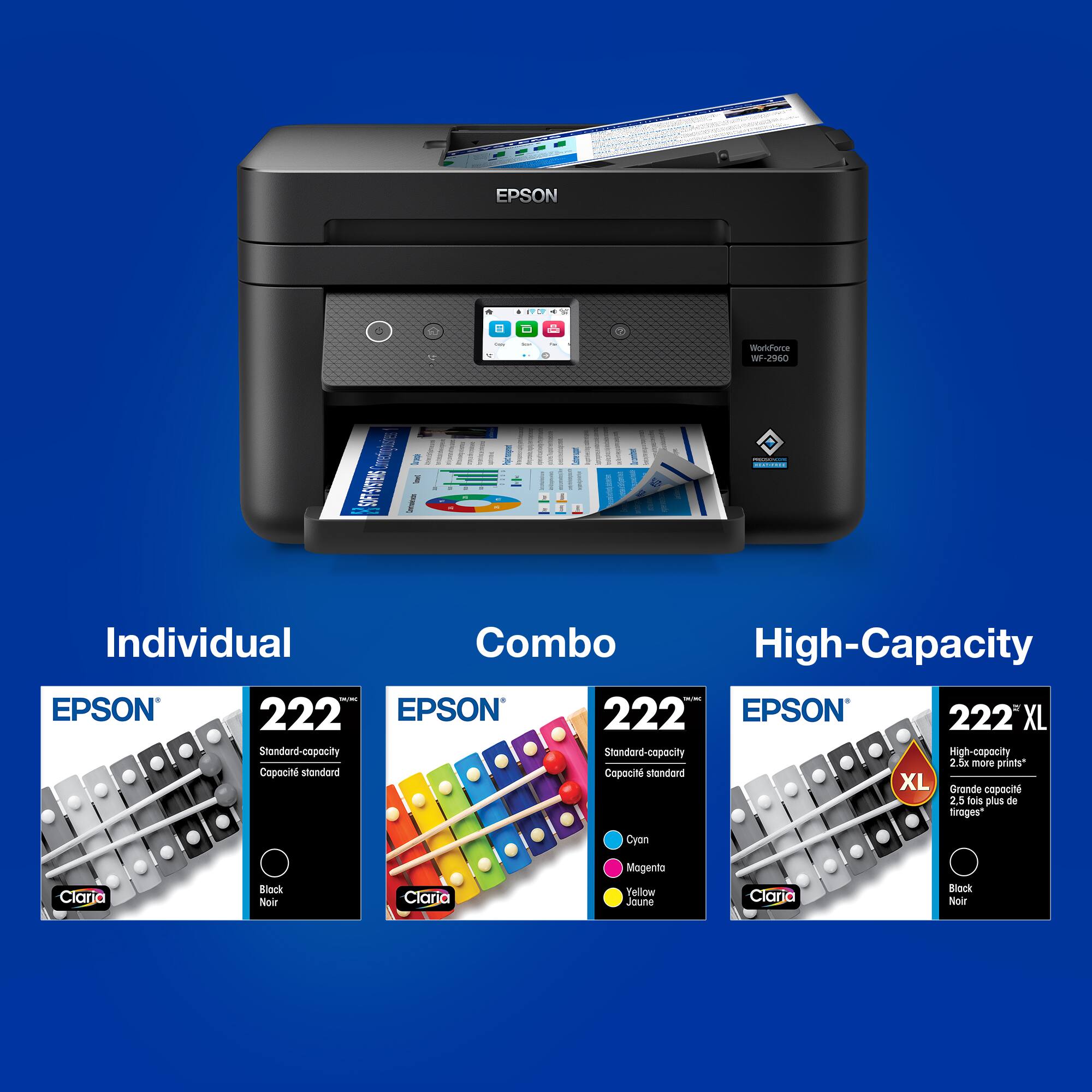 EPSON - 222 - Individual - Standard-capacity - 2.5g more prints* - Cyan, Magenta, Yellow, Black - Claria Ink Cartridges - 222 - Combo - High-capacity - 2.5g more prints* - Cyan, Magenta, Yellow, Black - Claria Ink Cartridges - 222 XL - High-capacity - 2.5g more prints* - Cyan, Magenta, Yellow, Black - Claria Ink Cartridges - 222 XL - Standard-capacity - 2.5g more prints* - Cyan, Magenta, Yellow, Black - Claria Ink Cartridges