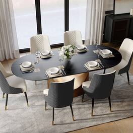 POVISON - 79"Hobart Modern Oval Dining Table for 6-8, Oval Matte Sintered Stone Kitchen Table, Bronze Carbon Steel Base - Black