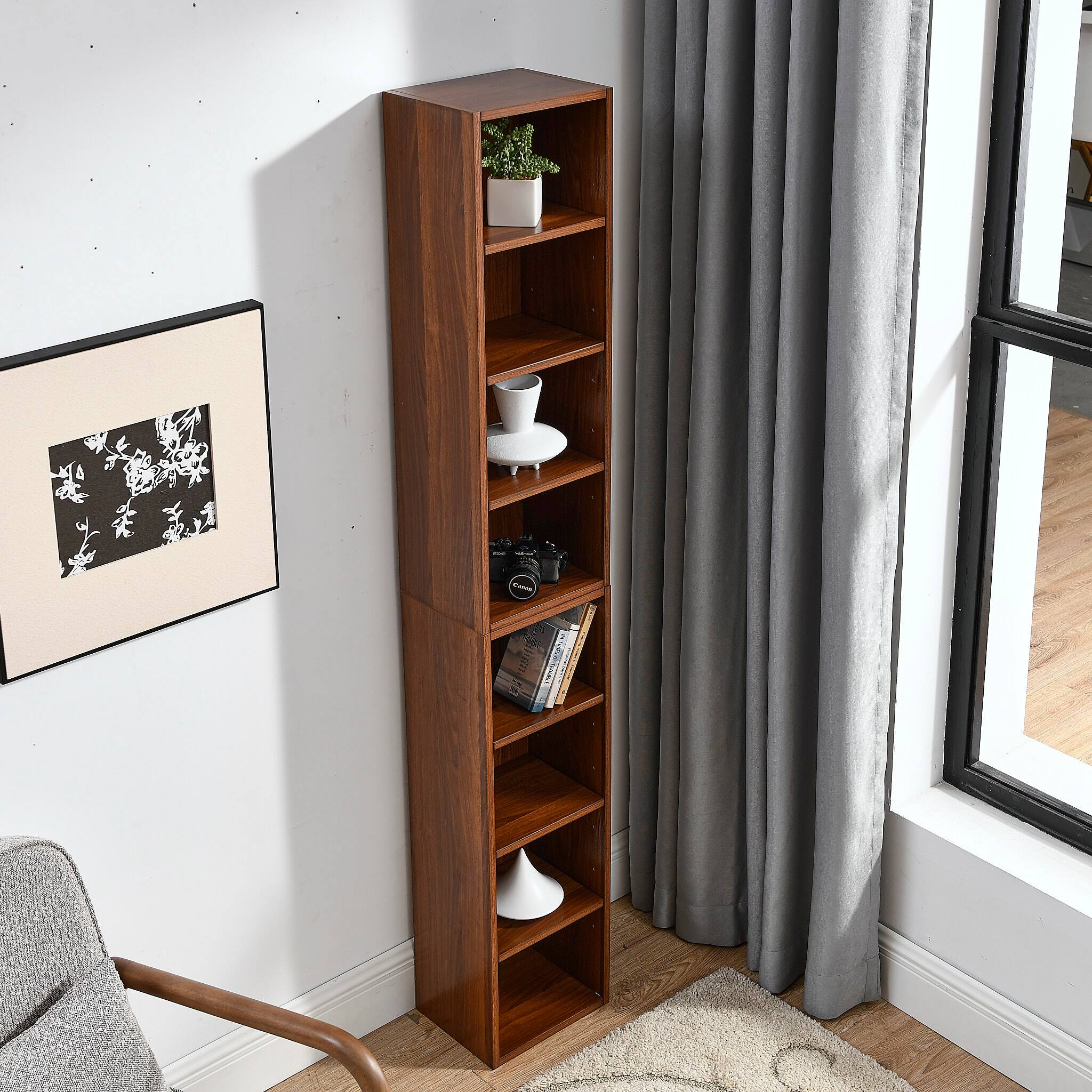 Alt View 6. Tiramisubest - 8-Tier Tall Narrow Bookcase Display Bookshelf with Adjustable Shelves, Multi-Functional Double-Decker Bookcase, Walnut - Walnut.