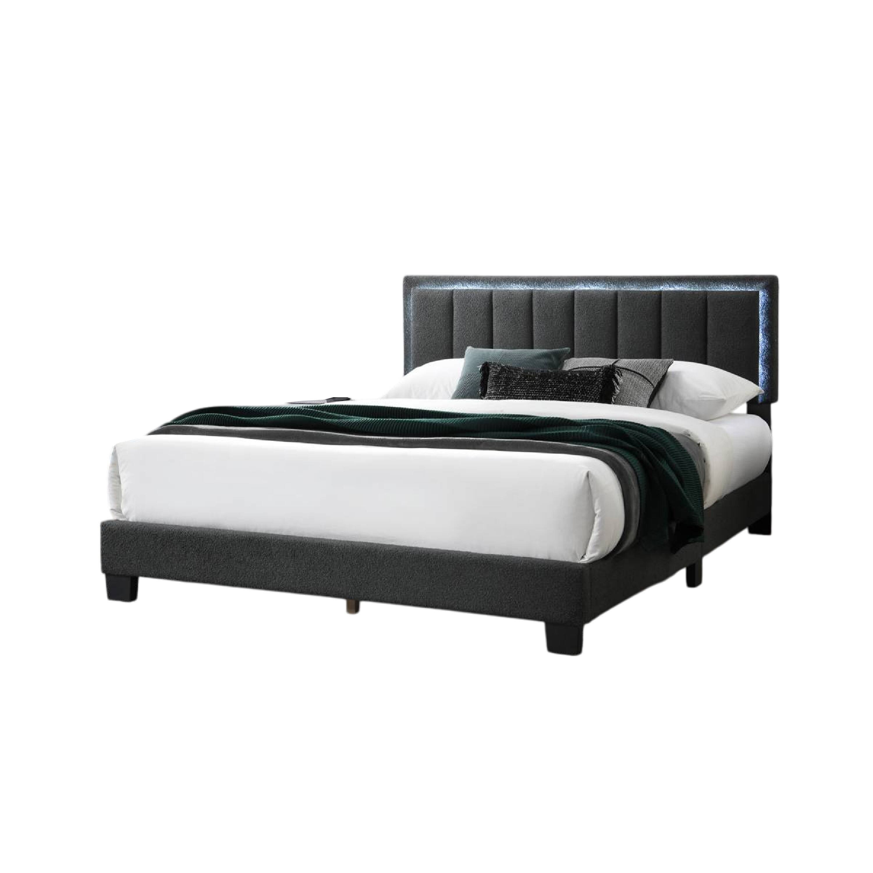 Alt View 2. Manhattan Lane - Zemo Queen Size Bed, LED Headboard, Charcoal Gray Wool Upholstery - Charcoal Gray, Black.