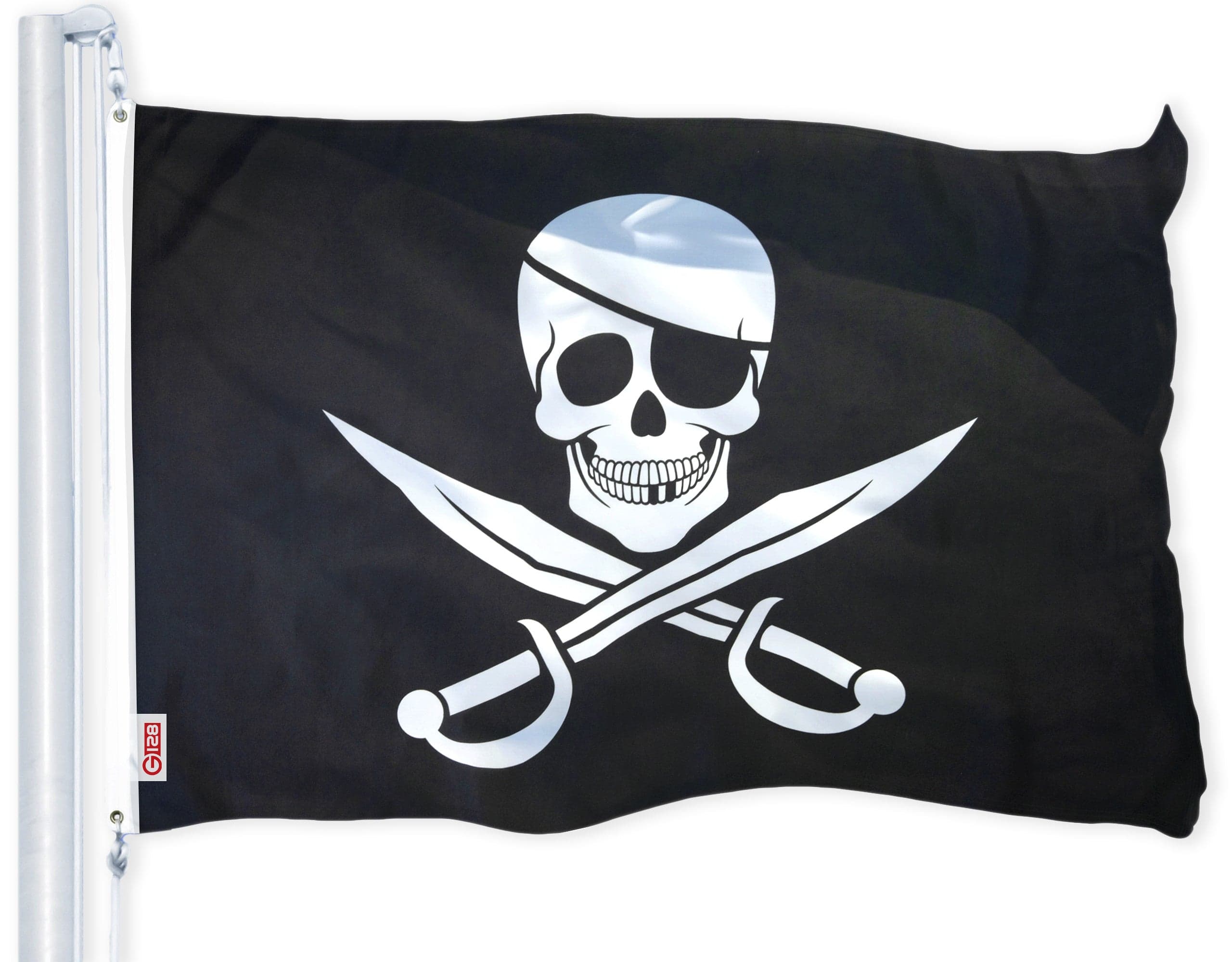 Front. G128 - Jolly Roger Pirate Flag (Swords) 3x5 ft Printed Brass Grommets 150D Polyester Indoor/Outdoor - Assorted Colors.