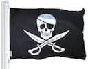 Front. G128 - Jolly Roger Pirate Flag (Swords) 3x5 ft Printed Brass Grommets 150D Polyester Indoor/Outdoor - Assorted Colors.