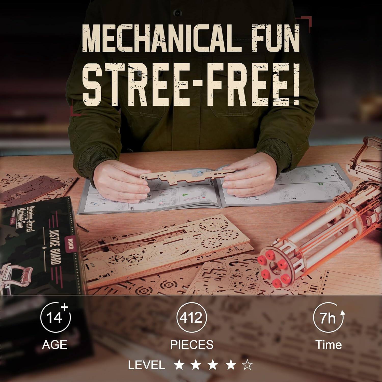 MECHANICAL FUN STREE-FREE!

- VDVOT
Gun Machine Rotating- -Barrel
*
JUSTICE GUARD
ROKR
+ 14
412
7h
AGE
PIECES
Time
LEVEL