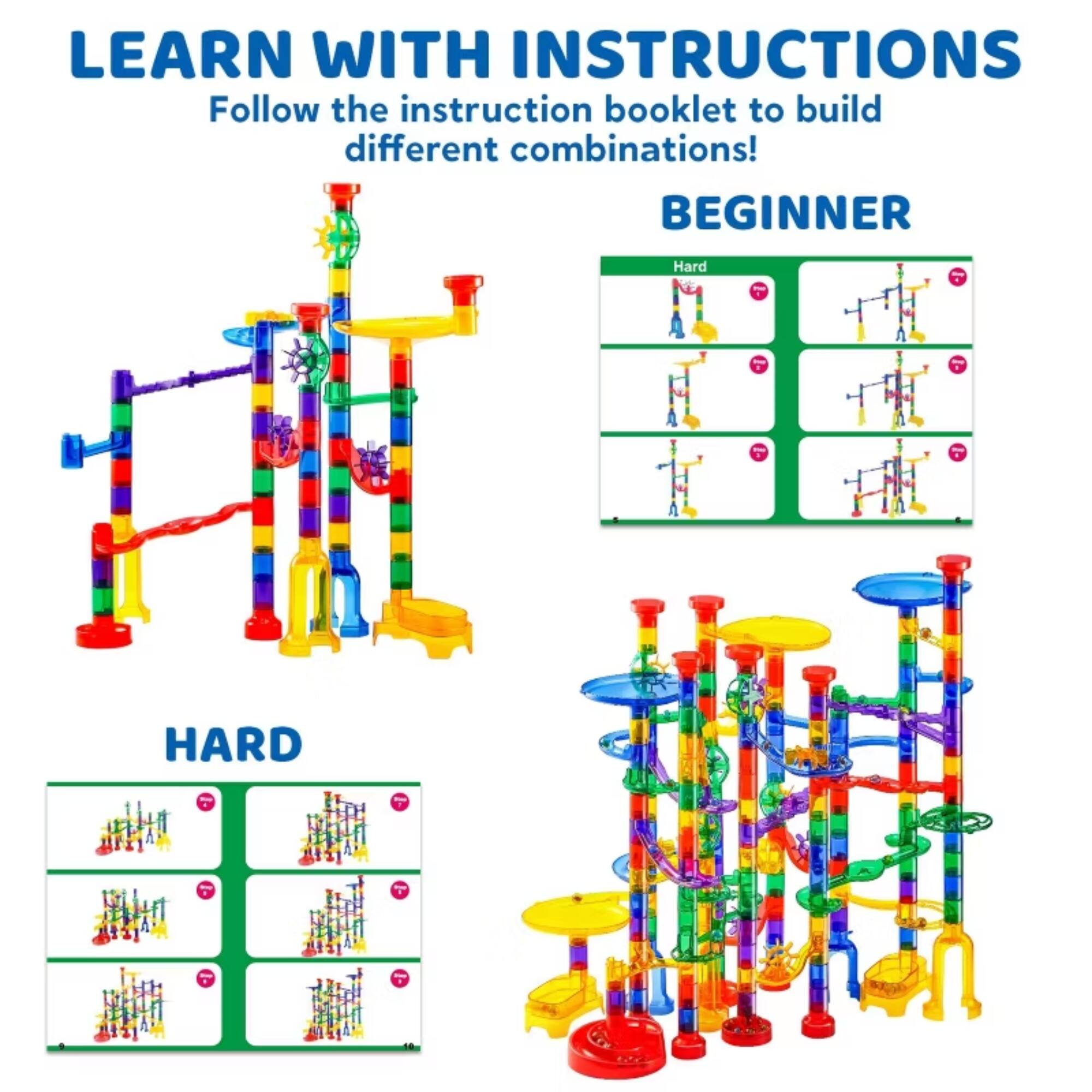 LEARN WITH INSTRUCTIONS  
Follow the instruction booklet to build different combinations!  

BEGINNER  
HARD  

7 7 7 7  

HARD