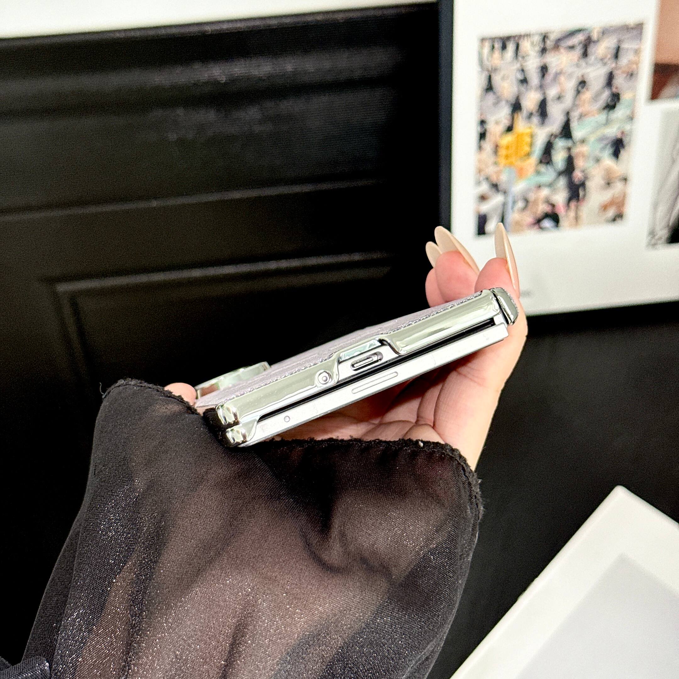 Alt View 1. Dteck - Glitter Electroplated Frame Phone Case for Samsung Galaxy Z Fold8 Ultra, Faux Leather Rigid Plastic Magnetic Hinge Cover - Purple.