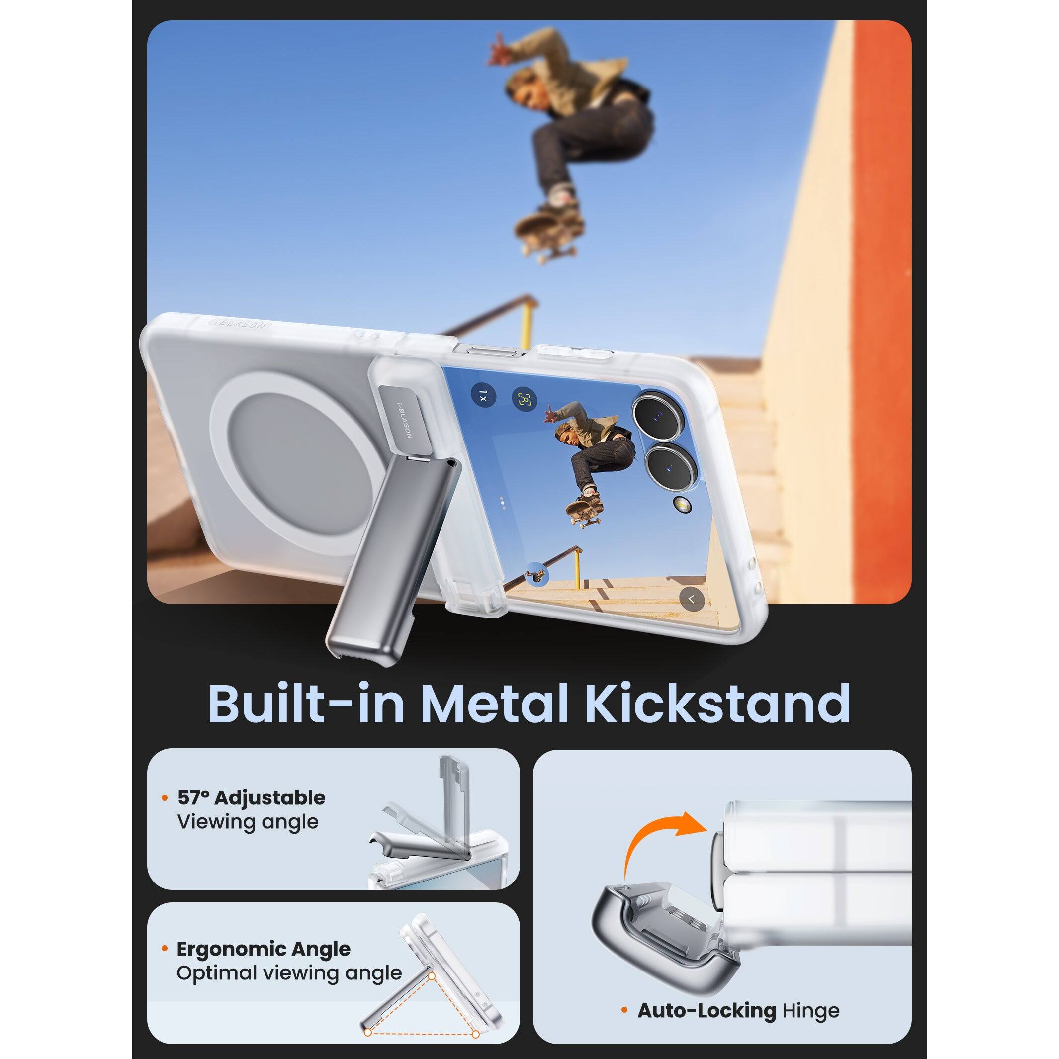 Built-in Metal Kickstand

- 57° Adjustable Viewing angle
- Ergonomic Angle Optimal viewing angle
- Auto-Locking Hinge