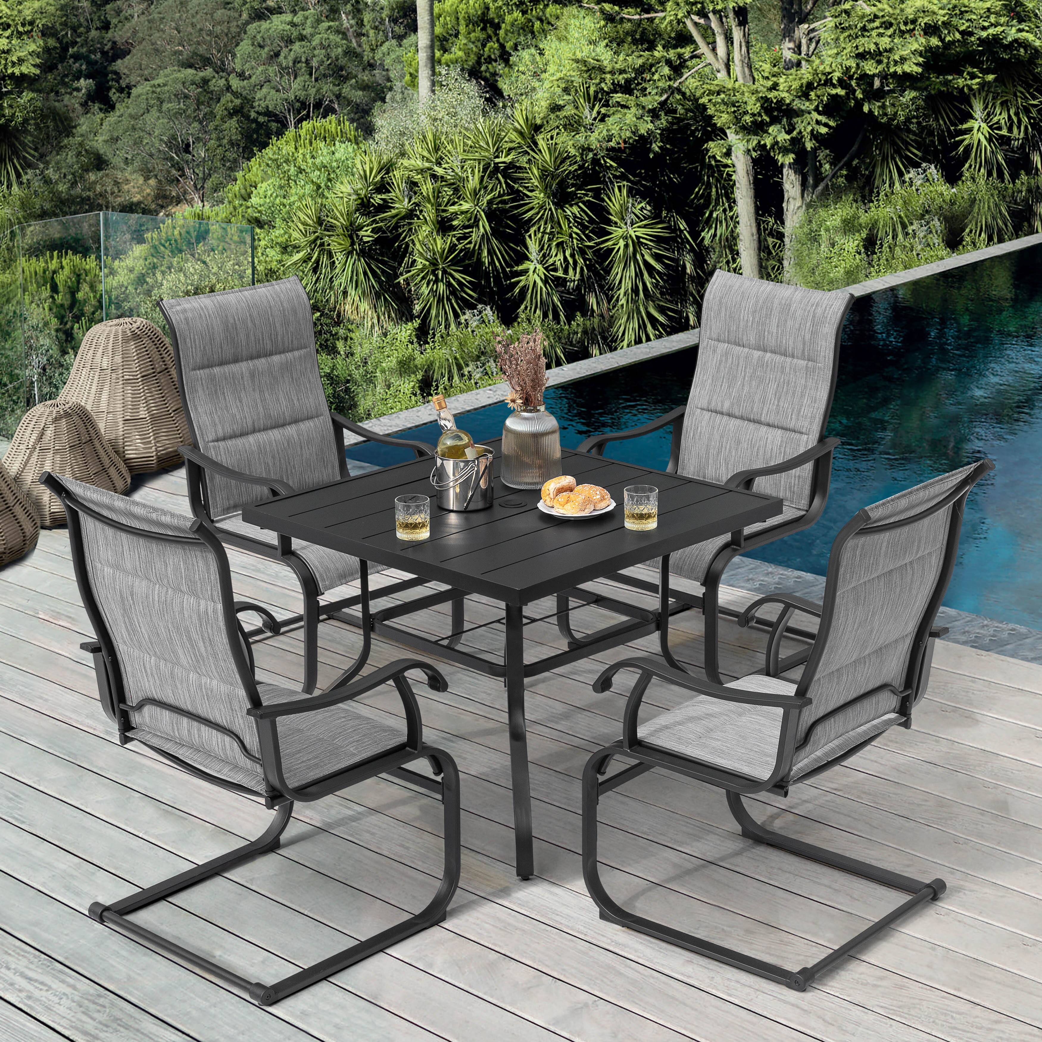 Angle. Nuu Garden - Patio 5-Piece Dining Set, Premium Textilene Chairs, Square Iron Table - Gray.