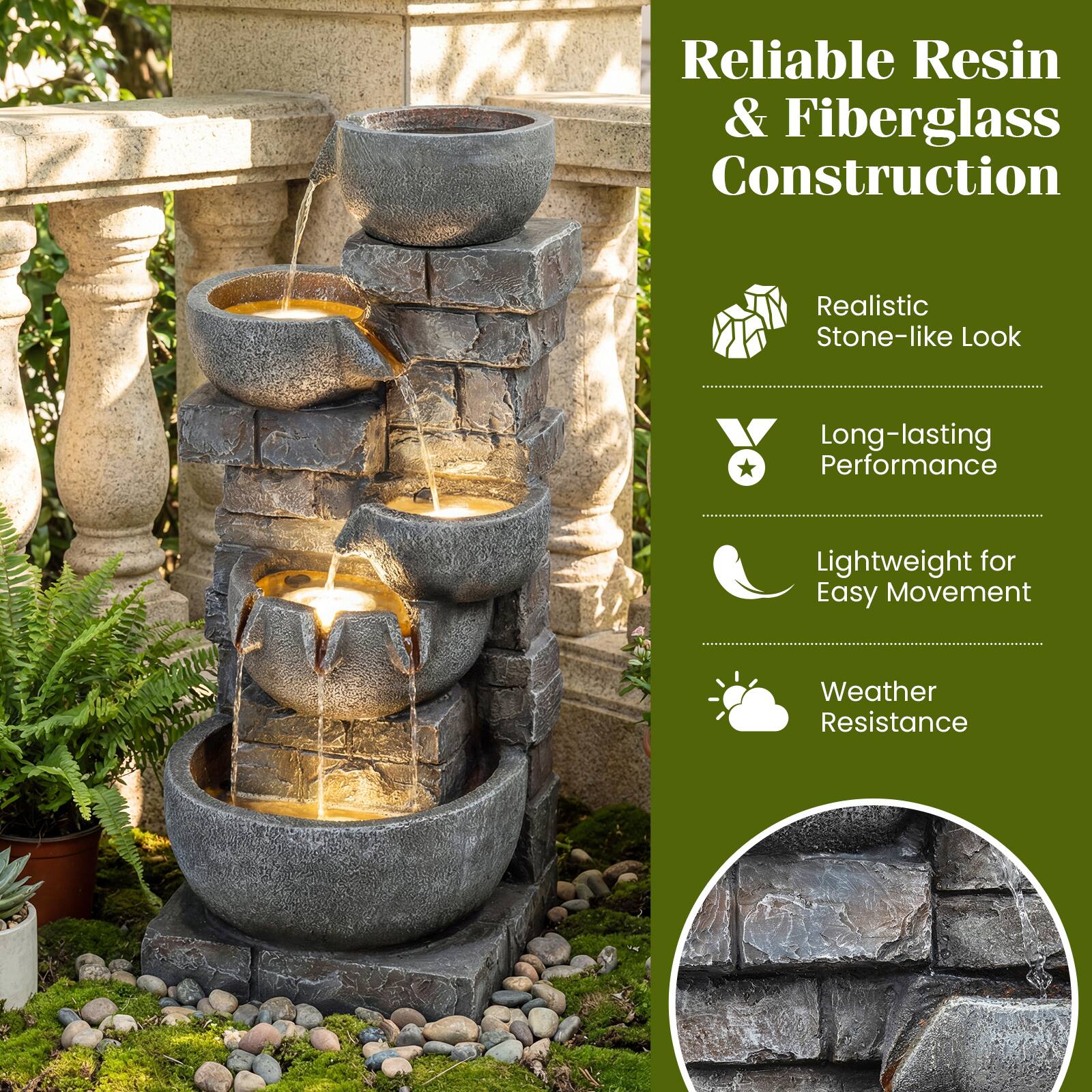 Reliable Resin & Fiberglass Construction  
Realistic Stone-like Look  
Long-lasting Performance  
Lightweight for Easy Movement  
Weather Resistance