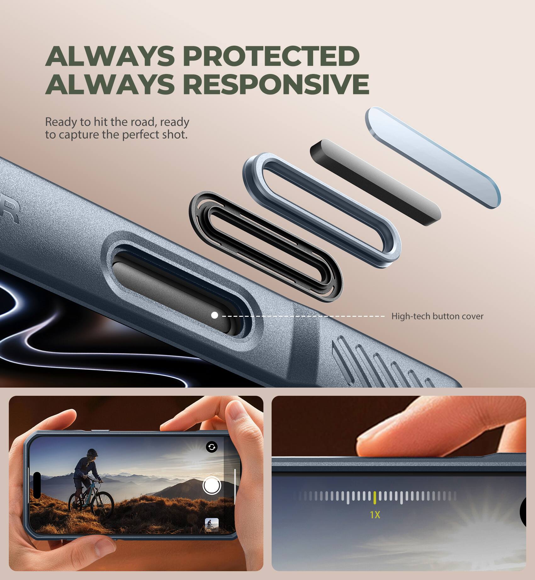 ALWAYS PROTECTED ALWAYS RESPONSIVE

Ready to hit the road, ready to capture the perfect shot.

R 001I High-tech button cover 1X