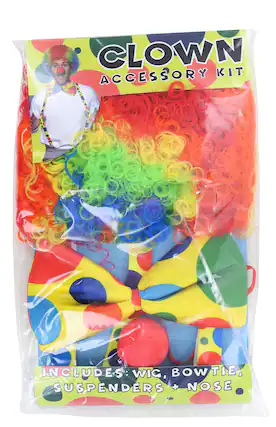 CLOWN ACCESSORY KIT INCLUDES: WIG, BOWTIE, SUSPENDERS + NOSE