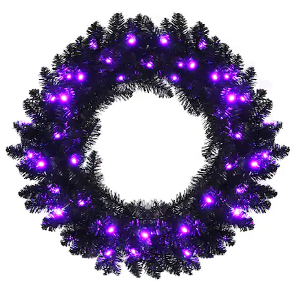 Front. Costway - 24inch Pre-lit Christmas Halloween Wreath w/ 35 Purple LED Lights - Black.