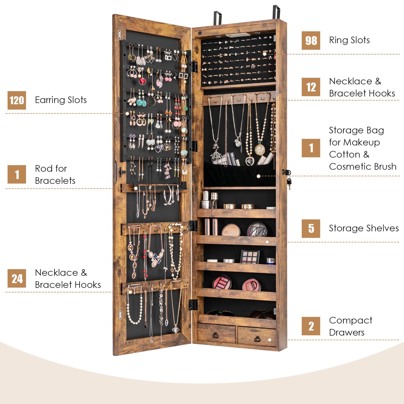 The image features a wooden jewelry box with various compartments and drawers. It has a total of 98 ring slots, 120 earring slots, and 1 rod for bracelets. There are also 5 storage shelves and 2 compact drawers. Additionally, the jewelry box includes a storage bag for makeup, a cotton and cosmetic brush, and 12 necklace and bracelet hooks.