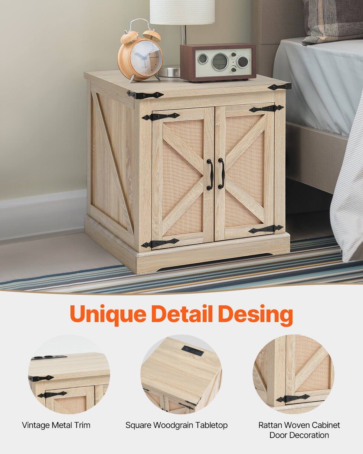 Unique Detail Design

Vintage Metal Trim

Square Woodgrain Tabletop

Rattan Woven Cabinet Door Decoration