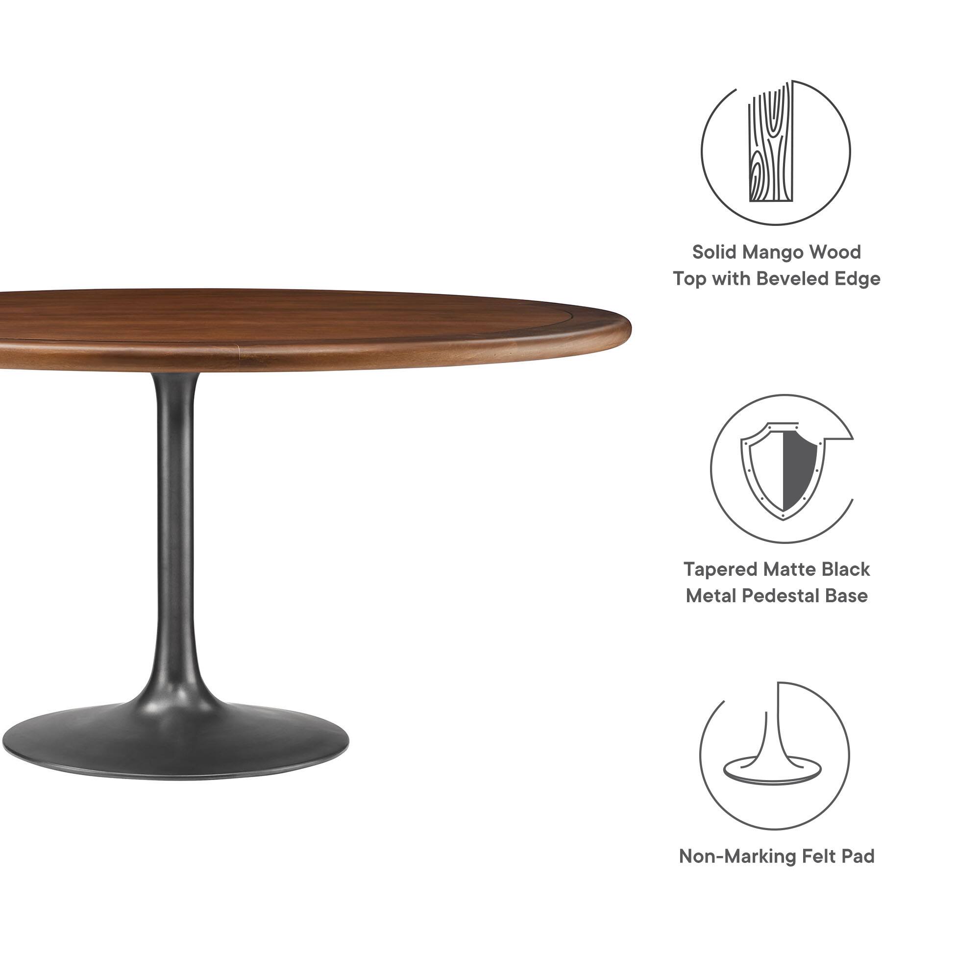 Solid Mango Wood Top with Beveled Edge, Tapered Matte Black Metal Pedestal Base, Non-Marking Felt Pad