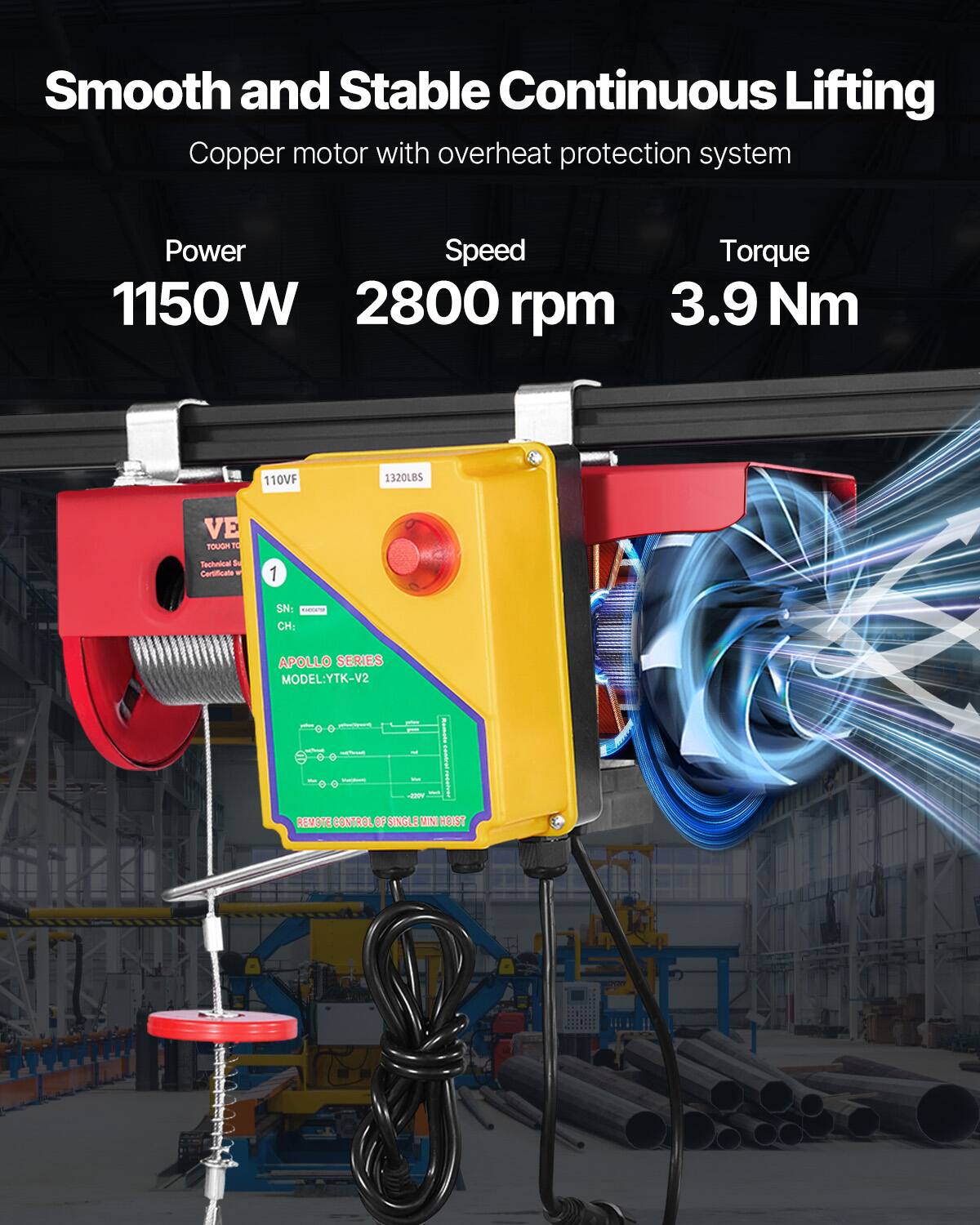 Smooth and Stable Continuous Lifting Copper motor with overheat protection system

Power: 1150 W  
Speed: 2800 rpm  
Torque: 3.9 Nm

110V  
1320LBS

VE TOUGH TO Technical Su Certificate

SN: CH:  
APOLLO SERIES MODEL: YTK-V2

REMOTE CONTROL OF SINGLE MN HOIST