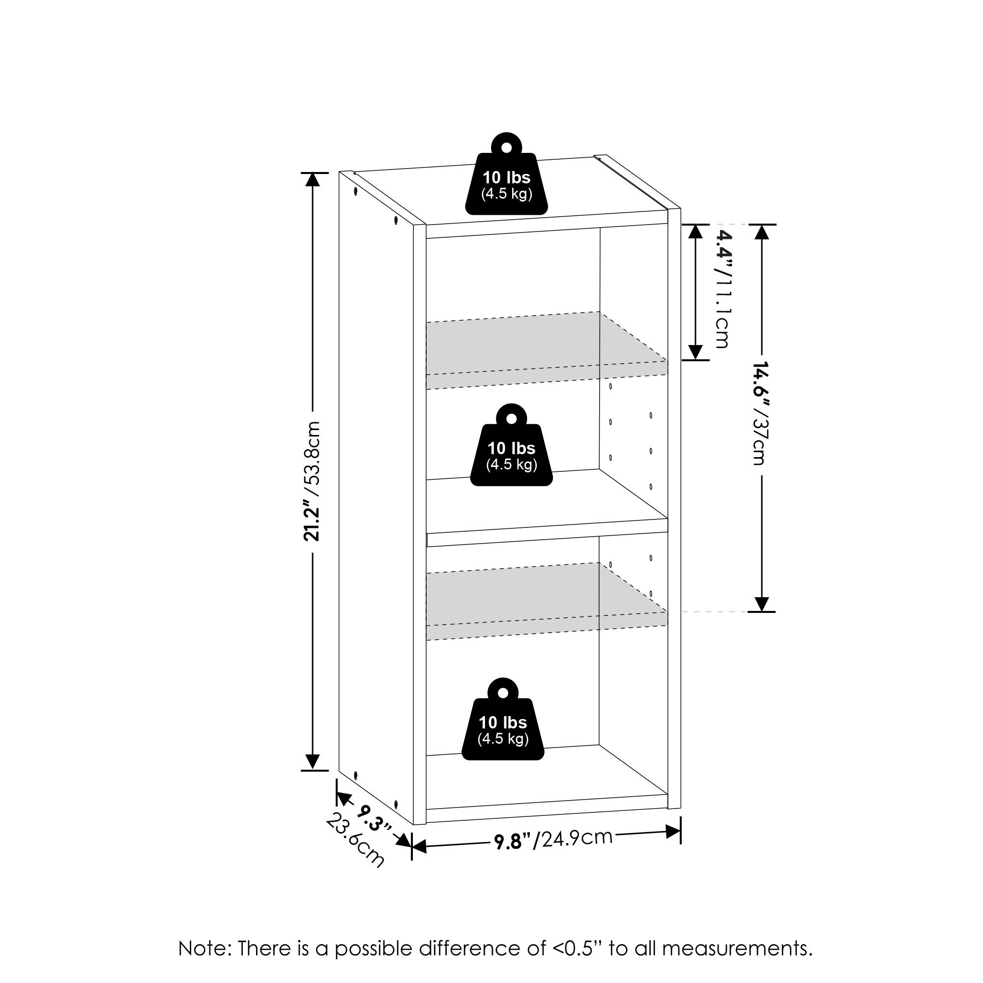 - Height: 53.8 cm (21.2")
- Width: 23.6 cm (9.3")
- Depth: 23.6 cm (9.8")
- Shelf spacing: 4.4" (11.1 cm)
- Shelf depth: 14.6" (37 cm)
- Weight capacity: 10 lbs (4.5 kg) per shelf
- Note: There is a possible difference of <0.5" to all measurements.