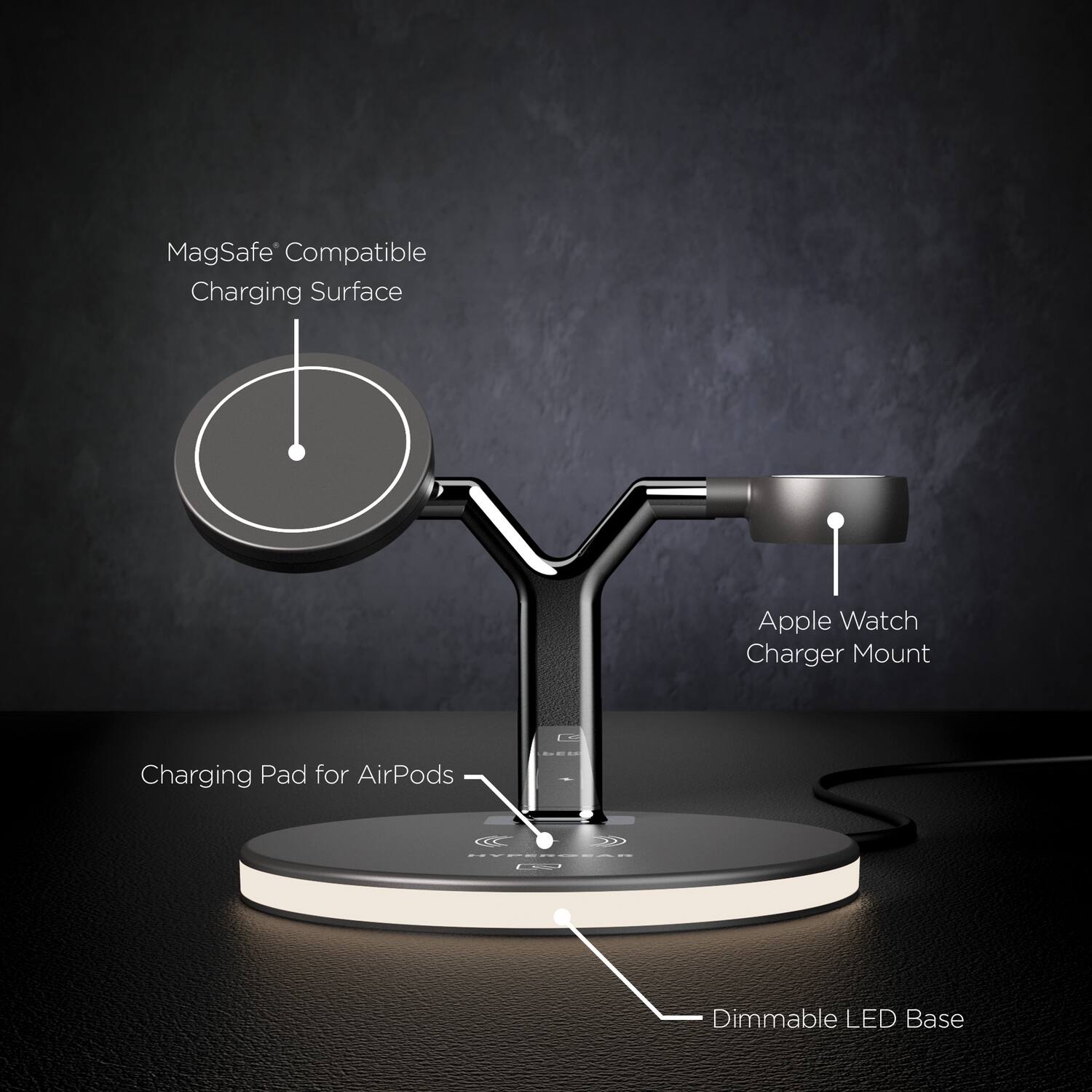 - MagSafe Compatible Charging Surface
- Apple Watch Charger Mount
- Charging Pad for AirPods
- Dimmable LED Base