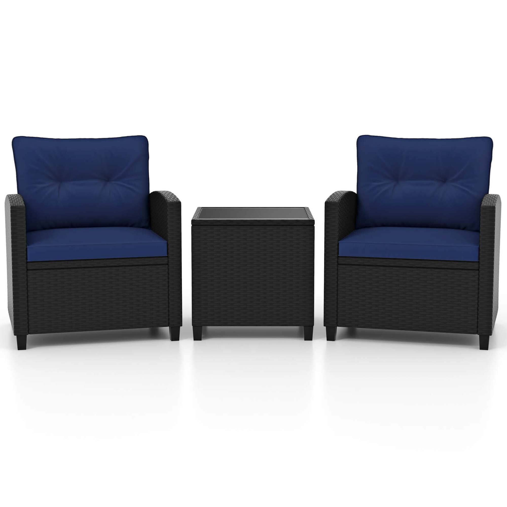 Alt View 9. Costway - 3 PCS Patio Furniture Set with Tempered Glass Coffee Table Washable Cushions - Navy.