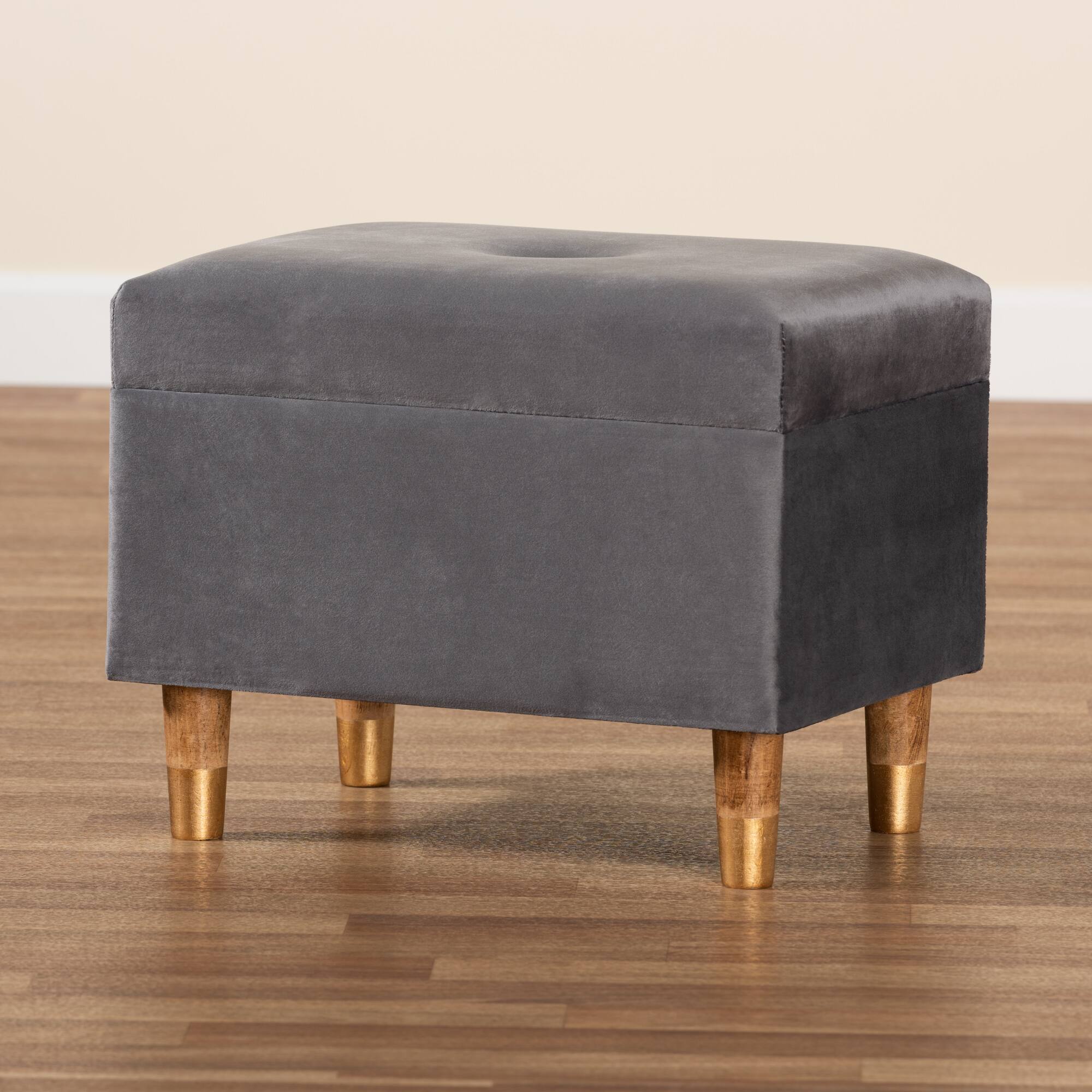 Alt View 6. Baxton Studio - Elias Modern and Contemporary Velvet Fabric Upholstered and Oak Brown Finished Wood Storage Ottoman - Grey/Oak.
