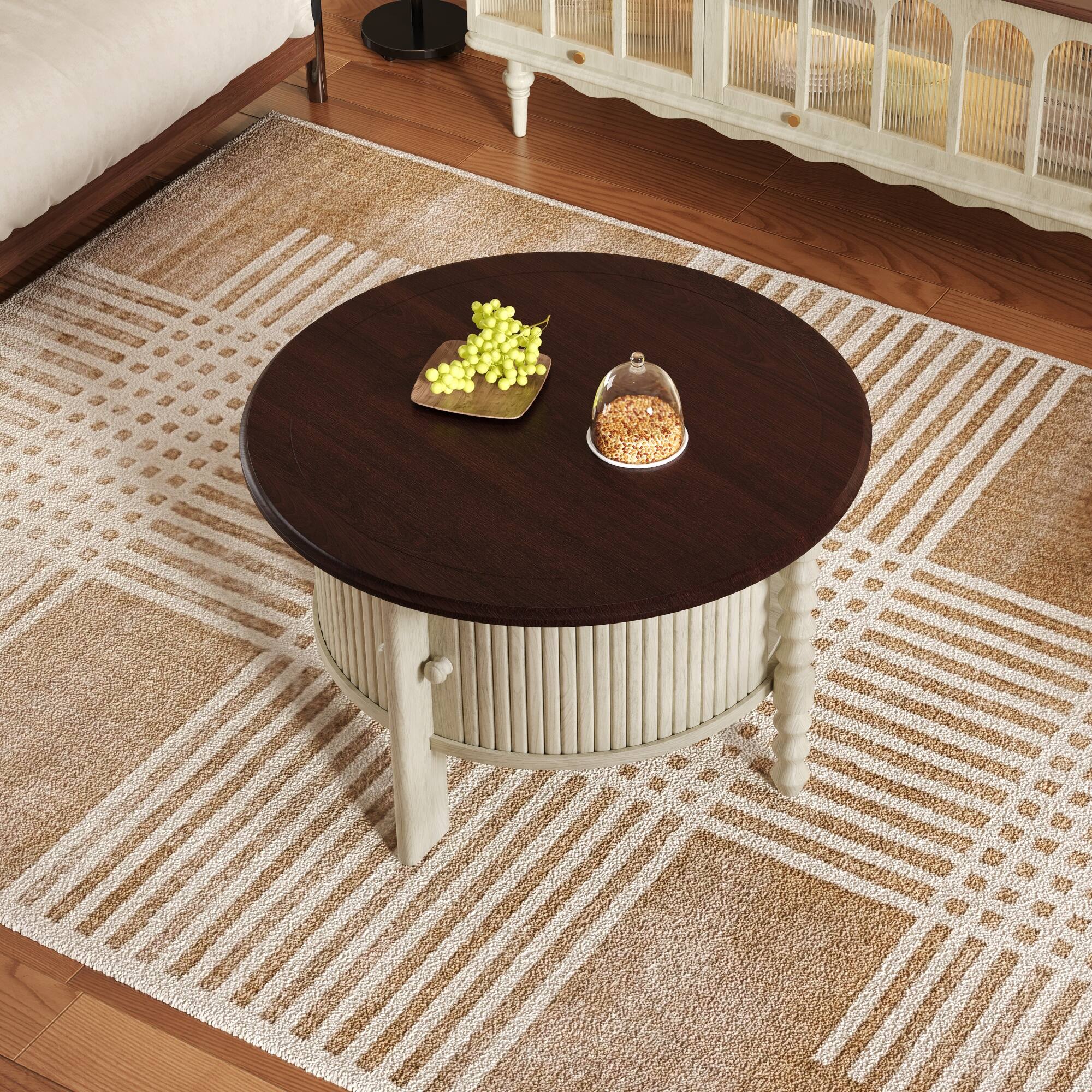 Alt View 2. Lirago - 30" Vintage Round Coffee Table Mid Century Modern Style Finish with Sliding Door Storage Slatted Design Accent Table - Beige.