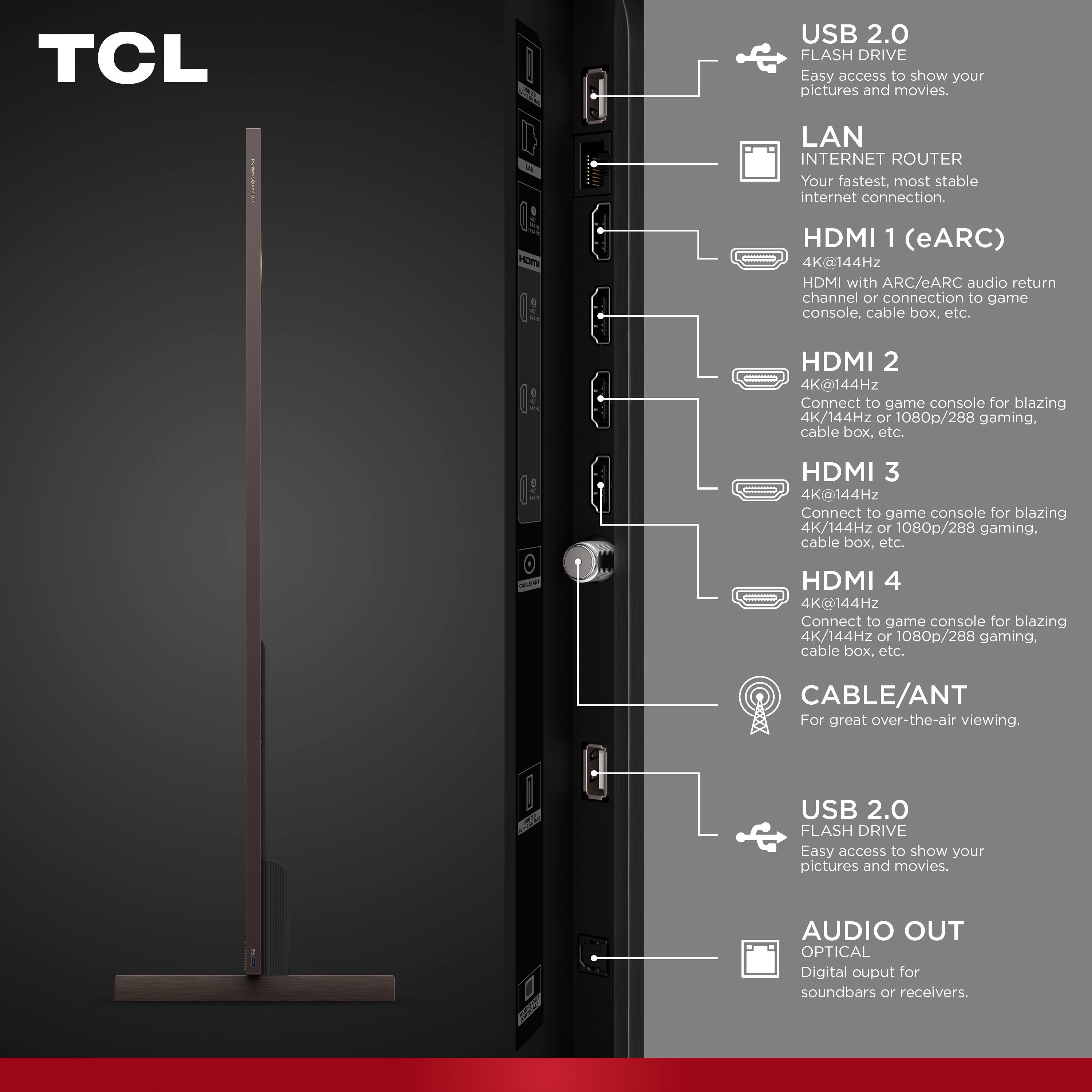TCL USB 2.0 FLASH DRIVE  
Easy access to show your pictures and movies.  

LAN INTERNET ROUTER  
Your fastest, most stable internet connection.  

HDMI 1 (eARC)  
4K@144Hz HDMI with ARC/eARC audio return channel or connection to game console, cable box, etc.  

HDMI 2  
4K@144Hz Connect to game console for blazing 4K/144Hz or 1080p/288 gaming, cable box, etc.  

HDMI 3  
4K@144Hz Connect to game console for blazing 4K/144Hz or 1080p/288 gaming, cable box, etc.  

HDMI 4  
4K@144Hz Connect to game console for blazing 4K/144Hz or 1080p/288 gaming.  

CABLE/ANT  
For great over-the-air viewing.  

USB 2.0 FLASH DRIVE  
Easy access to show your pictures and movies.  

AUDIO OUT OPTICAL  
Digital output for soundbars or receivers.