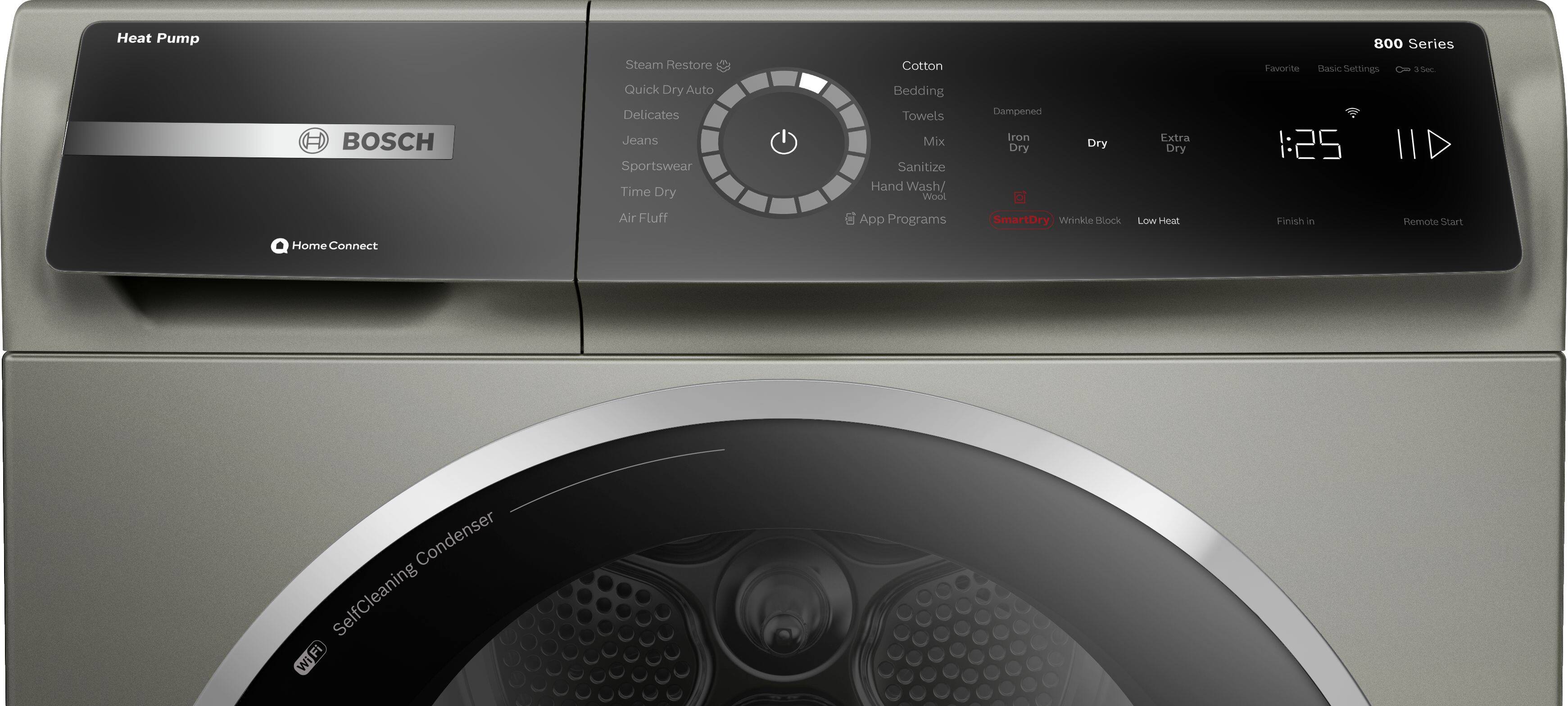 The text on the image is a description of a Bosch washing machine. It features a heat pump, steam restore, quick dry, auto delicates, jeans, sportswear, time dry, cotton, bedding, towels, mix, sanitize, hand wash, wool, dampened iron dry, extra dry, 800 series, favorite cycle settings, 1 sec, 1:25 IID, air fluff, wrinkle block, low heat finish in hemote, and home connect. The washing machine also has a condenser and a self-cleaning feature, and it can be controlled via Wi-Fi.