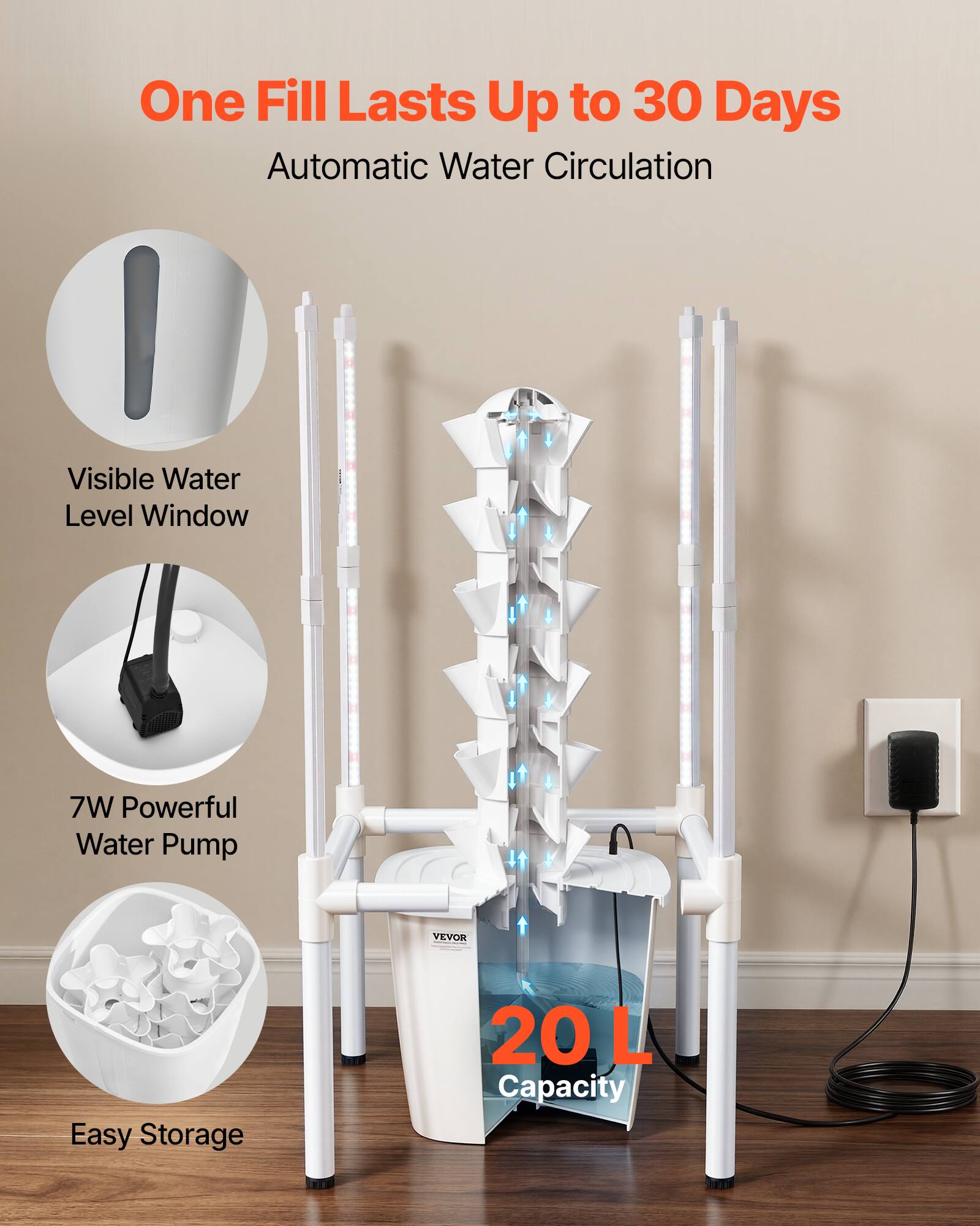 One Fill Lasts Up to 30 Days  
Automatic Water Circulation  
Visible Water Level Window  
7W Powerful Water Pump  
VEVOR  
Easy Storage  
20 L Capacity