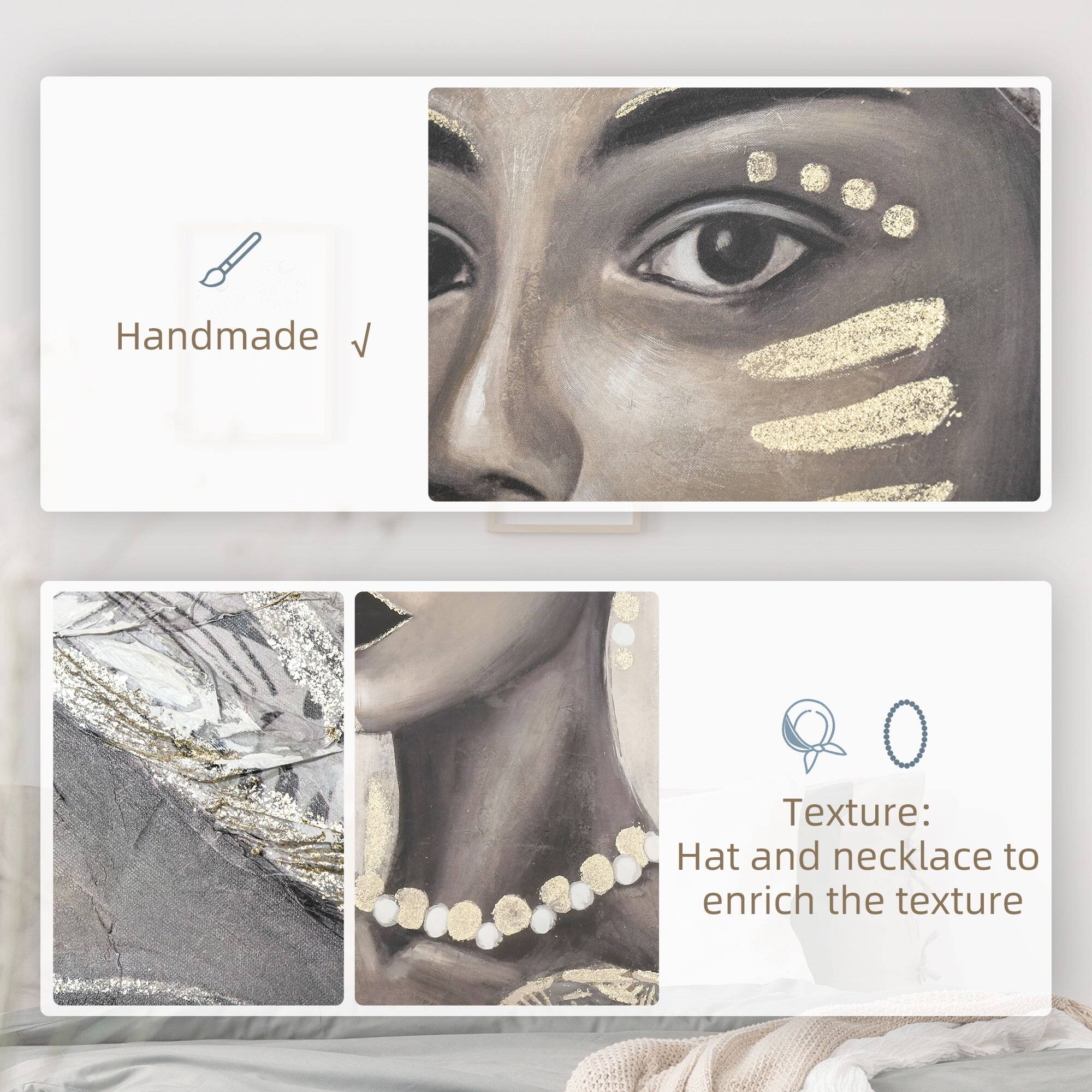 Handmade  
Texture: Hat and necklace to enrich the texture