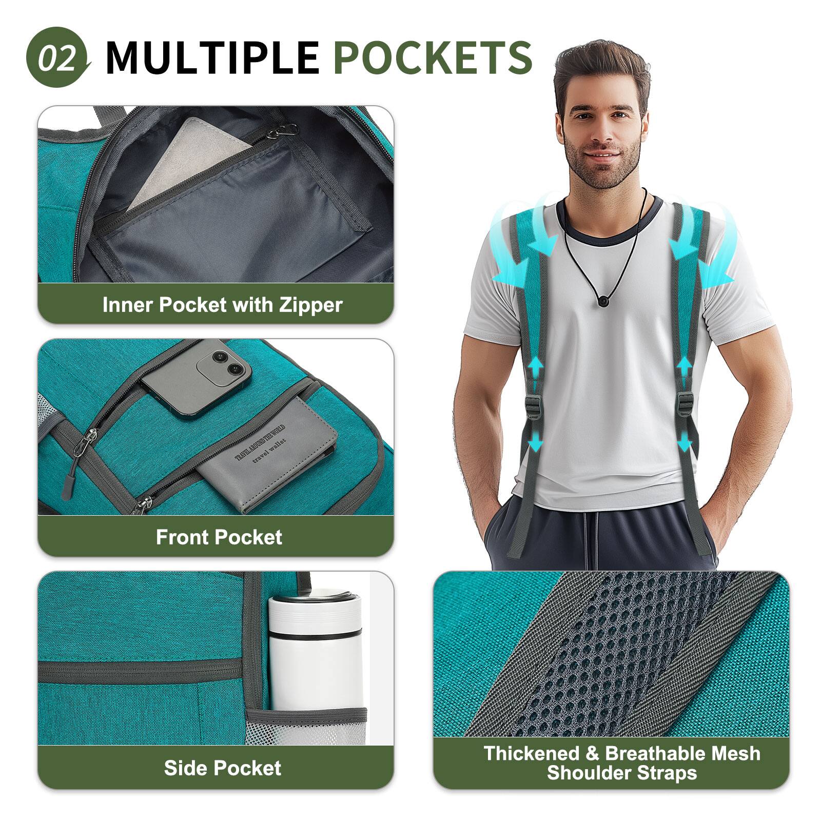 02 MULTIPLE POCKETS

- Inner Pocket with Zipper
- Front Pocket
- Side Pocket
- Thickened & Breathable Mesh Shoulder Straps