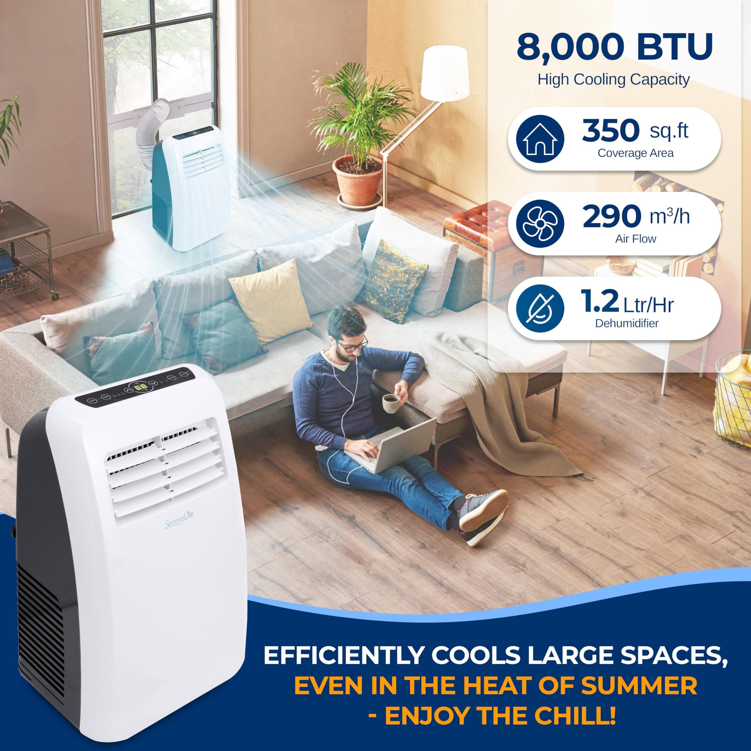8,000 BTU High Cooling Capacity  
350 sq.ft Coverage Area  
290 m³/h Air Flow  
1.2 Ltr/Hr Dehumidifier  

EFFICIENTLY COOLS LARGE SPACES, EVEN IN THE HEAT OF SUMMER - ENJOY THE CHILL!