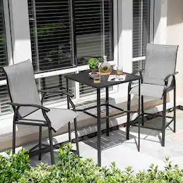 Nuu Garden - Outdoor 3-Piece Textilene Bar Set, Height Back Bar Stools and Umbrella Hole - Black and Gray