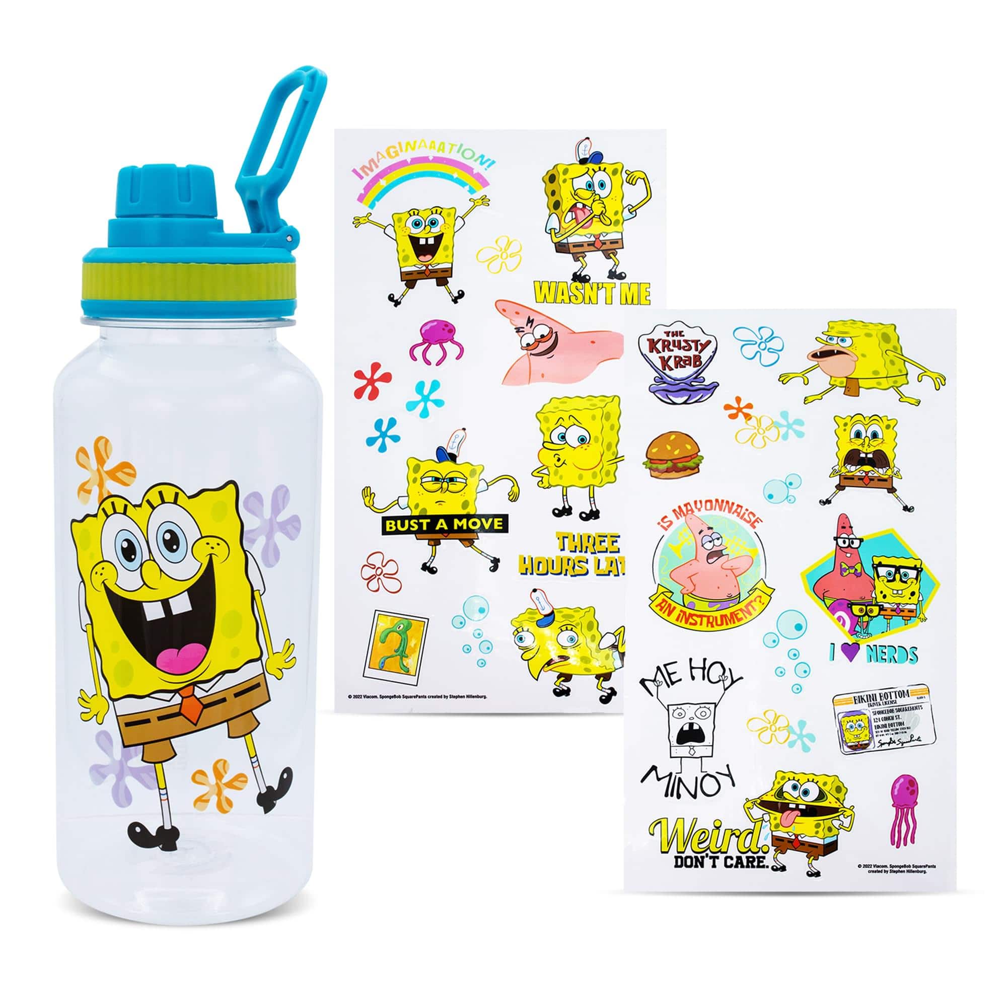 Silver Buffalo - SpongeBob SquarePants Happy Laugh Flowers Twist Spout Water Bottle & Sticker Set - Yellow