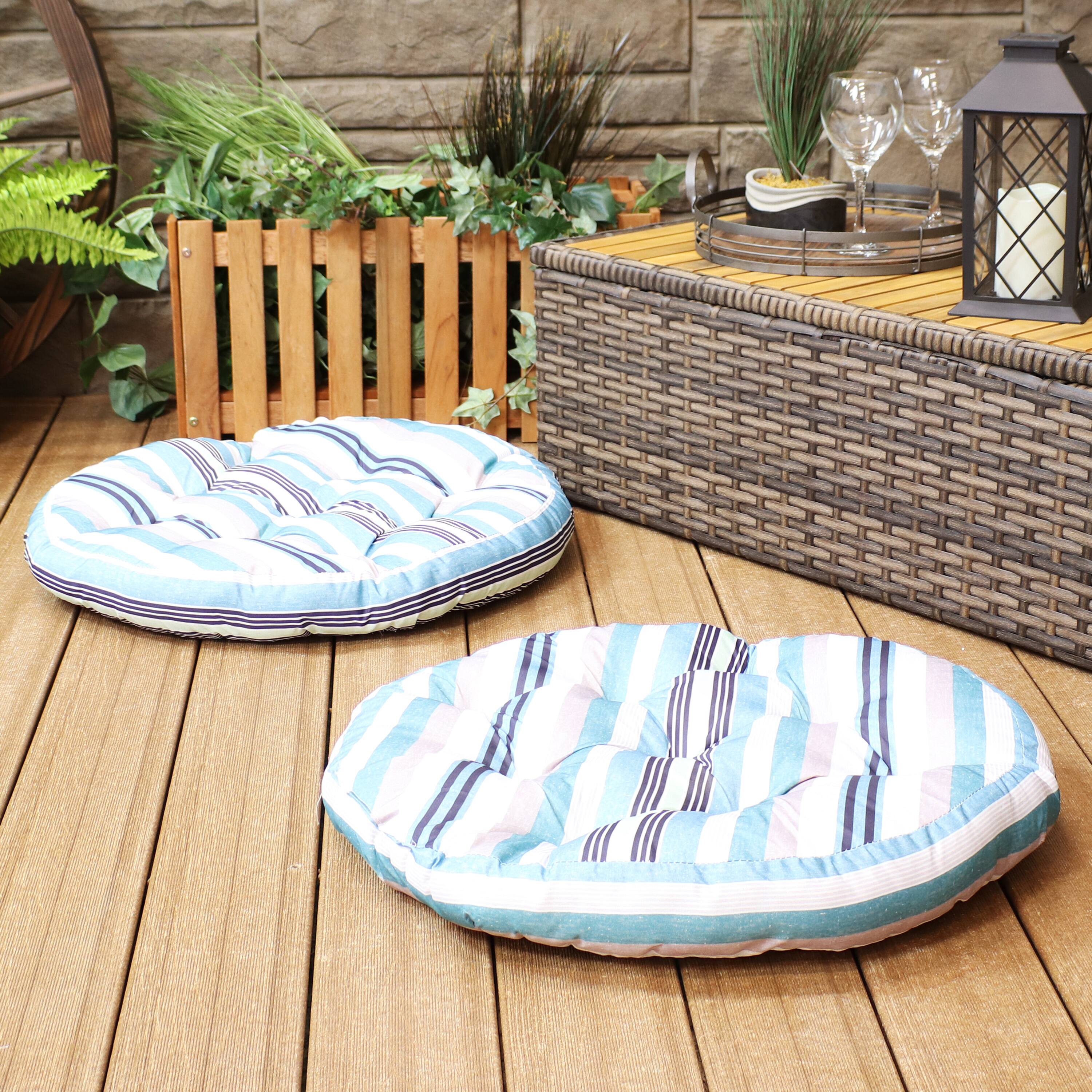 Alt View 3. Sunnydaze - Outdoor Round Polyester Floor Cushion - Set of 2 - Seaside Stripes.