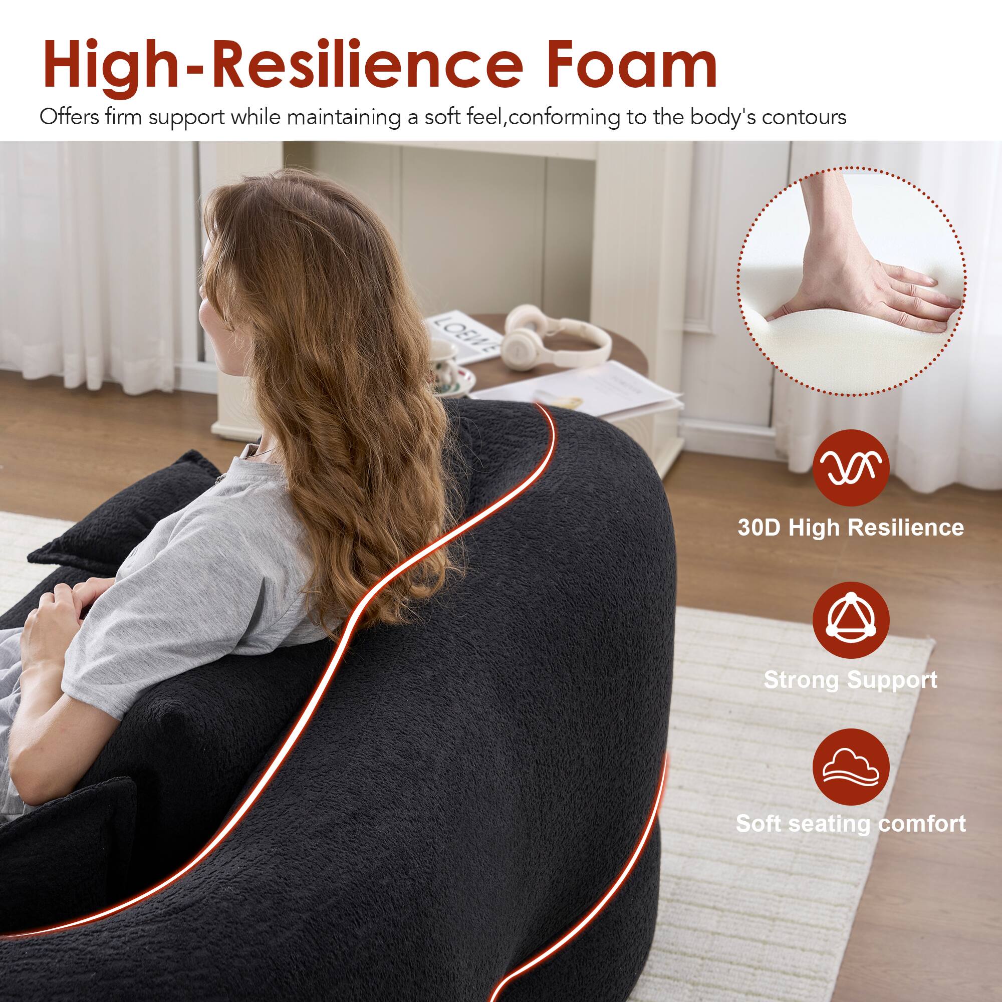 High-Resilience Foam  
Offers firm support while maintaining a soft feel, conforming to the body's contours

30D High Resilience  
Strong Support  
Soft seating comfort