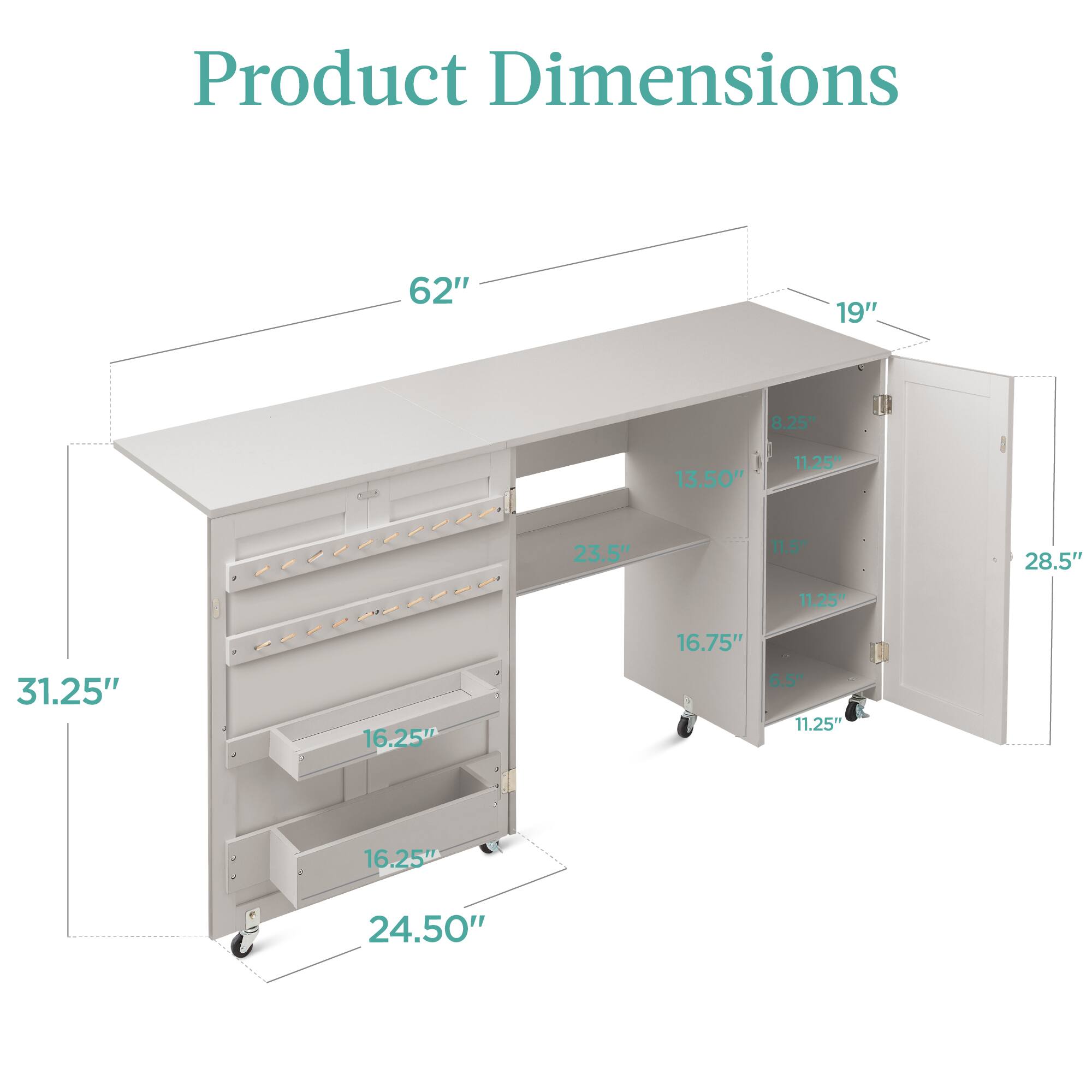 Product Dimensions: 62" x 19" x 31.25" (L x W x H), Shelves: 13.50" x 11.25", Drawers: 23.5" x 11.5" x 16.75", Bottom Shelf: 28.5" x 11.25", Side Cabinet: 16.25" x 6.5" x 11.25", Overall Height: 24.50".