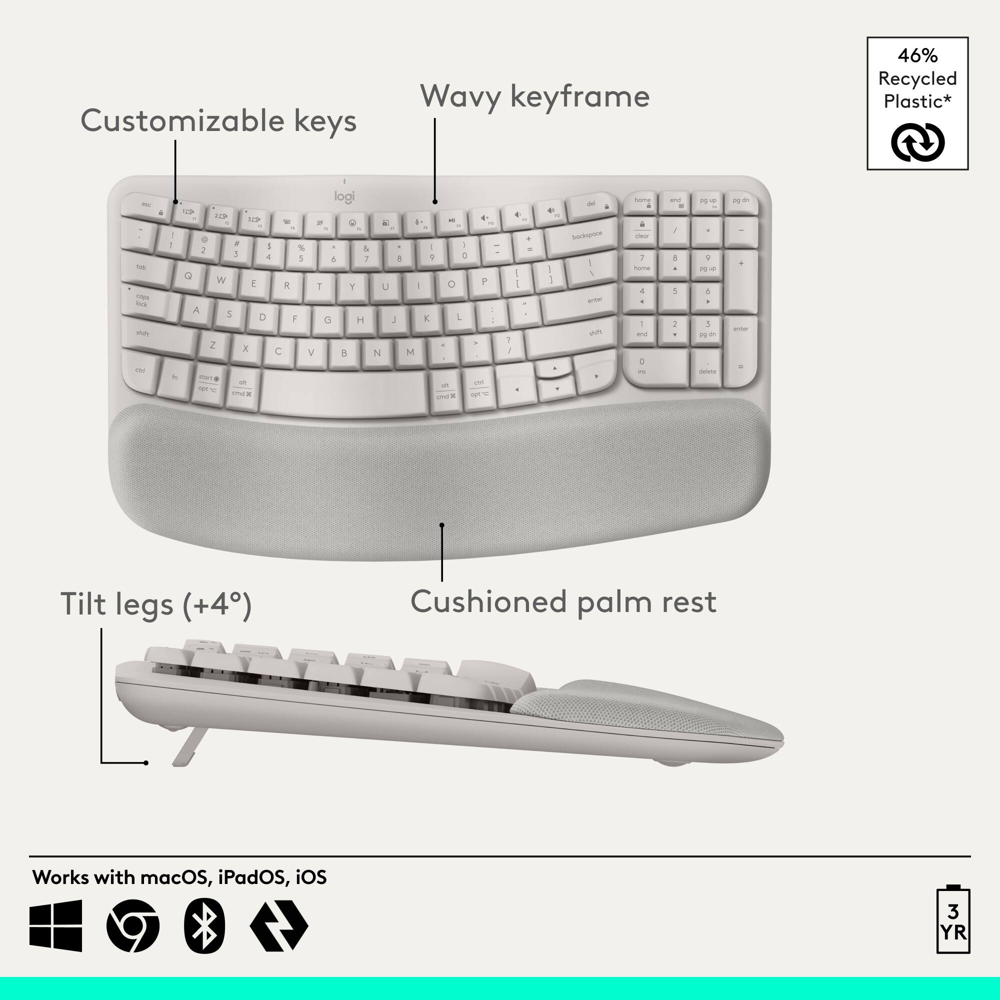 Customizable keys  
Wavy keyframe  
46% Recycled Plastic*  

Tilt legs (+4°)  
Cushioned palm rest  

Works with macOS, iPadOS, iOS