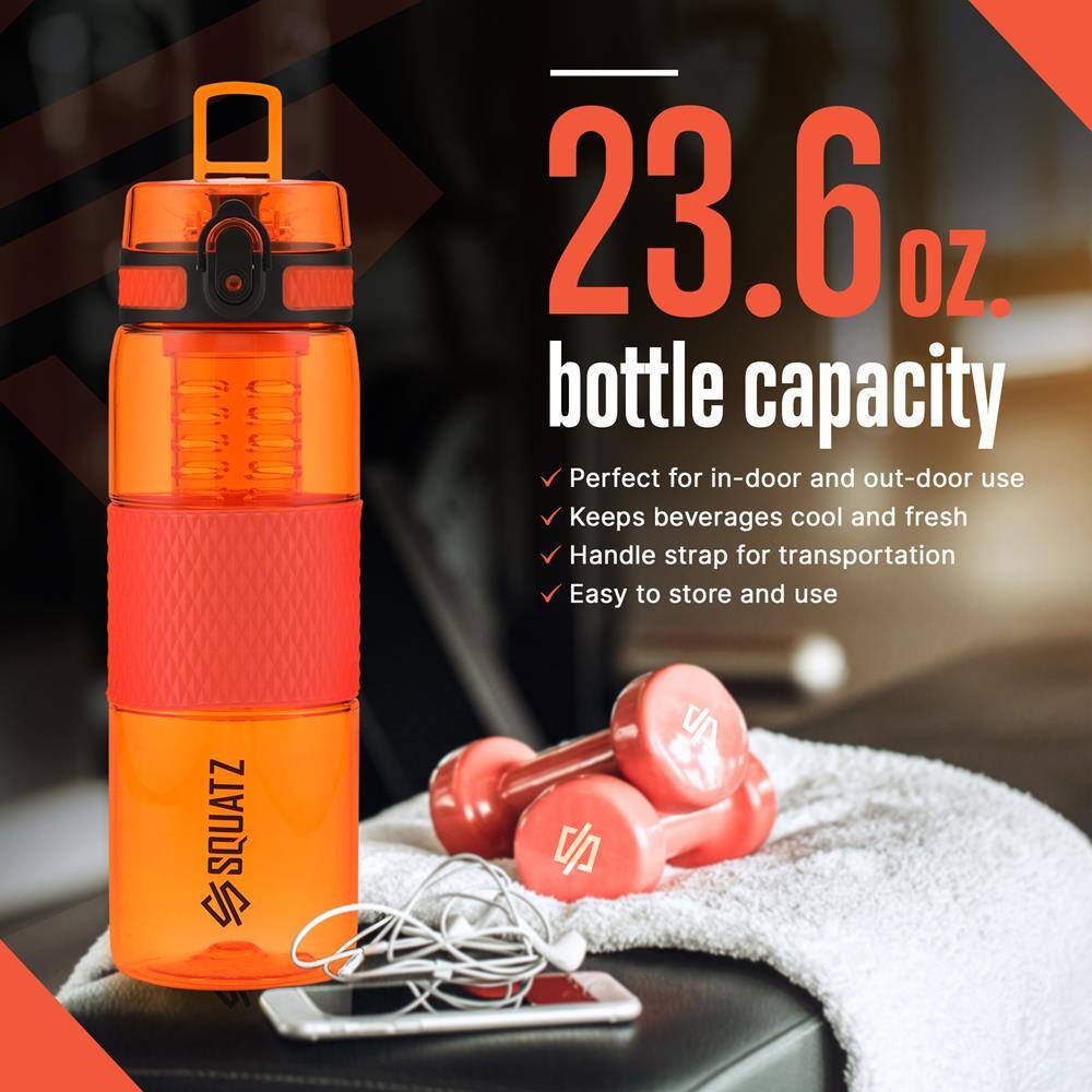 23.6 oz bottle capacity  
Perfect for in-door and out-door use  
Keeps beverages cool and fresh  
Handle strap for transportation  
Easy to store and use  

SQUATZ