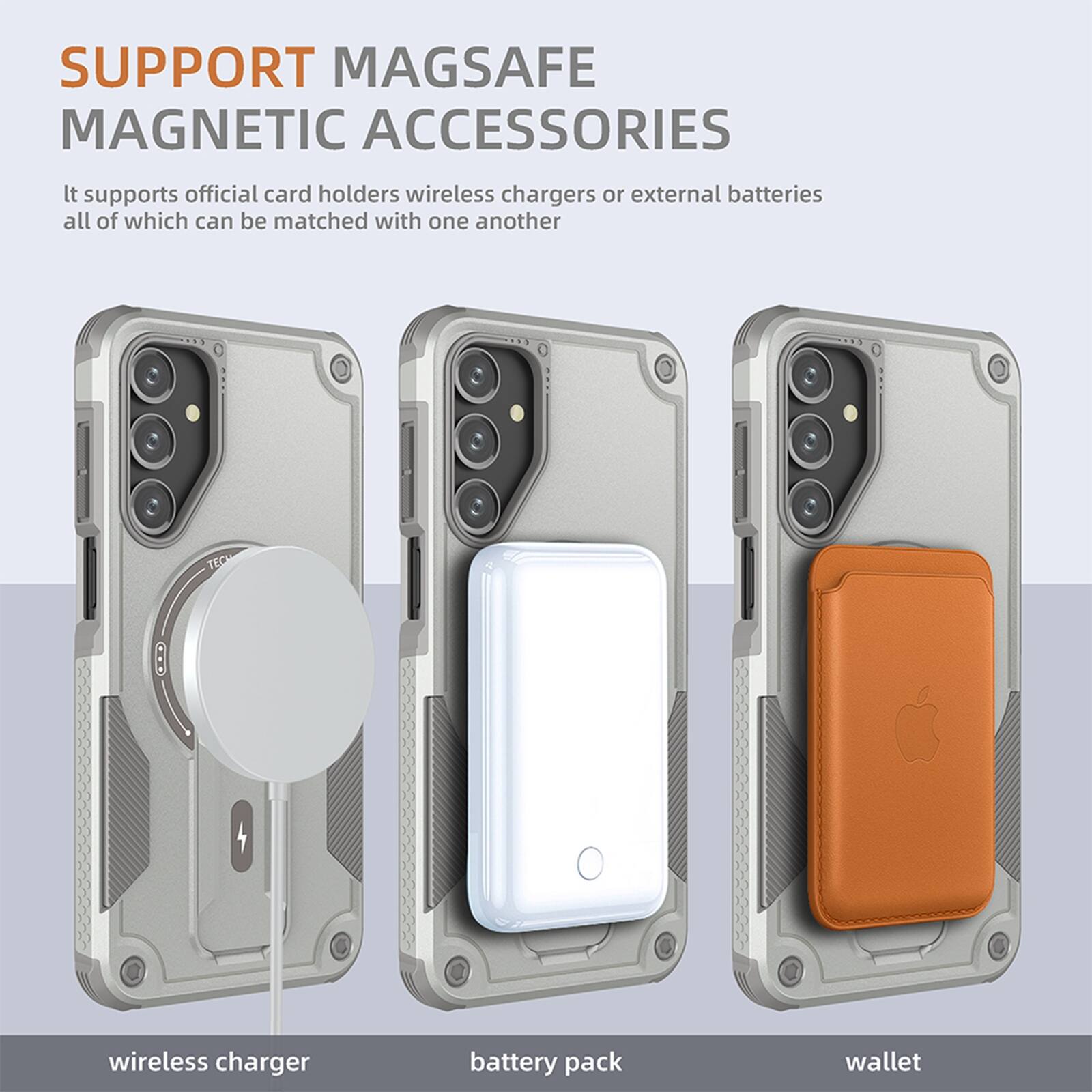 SUPPORT MAGSAFE MAGNETIC ACCESSORIES

It supports official card holders, wireless chargers, or external batteries, all of which can be matched with one another.

wireless charger  
battery pack  
wallet