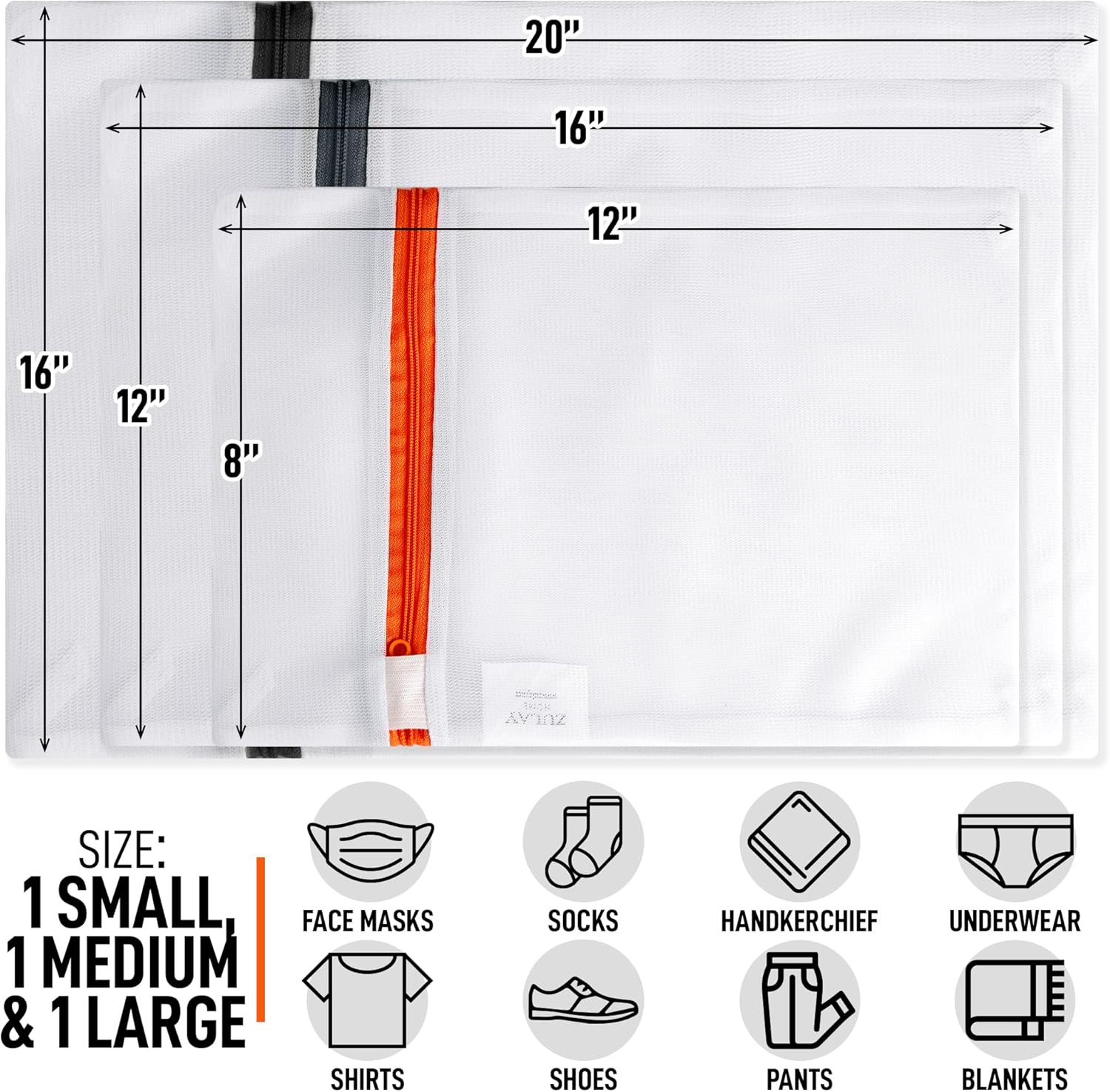20" 16" 12" 16" 12" 8"  
nhntanscri 1k ZULAY  
SIZE: 1 SMALL, 1 MEDIUM & 1 LARGE  
FACE MASKS  
SHIRTS  
SOCKS  
SHOES  
HANDKERCHIEF  
UNDERWEAR  
PANTS  
BLANKETS